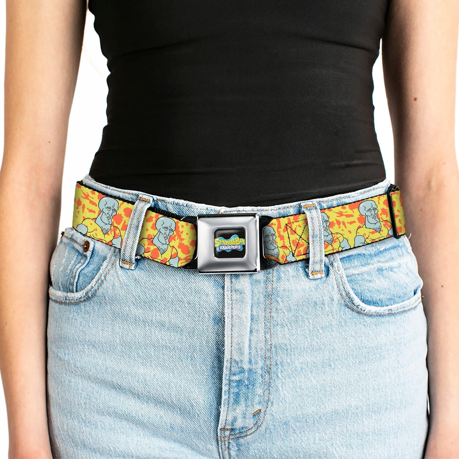 SpongeBob SquarePants Logo Seatbelt Belt Full Color Black Blue Handsome Squidward Yellow - Paramount Shop