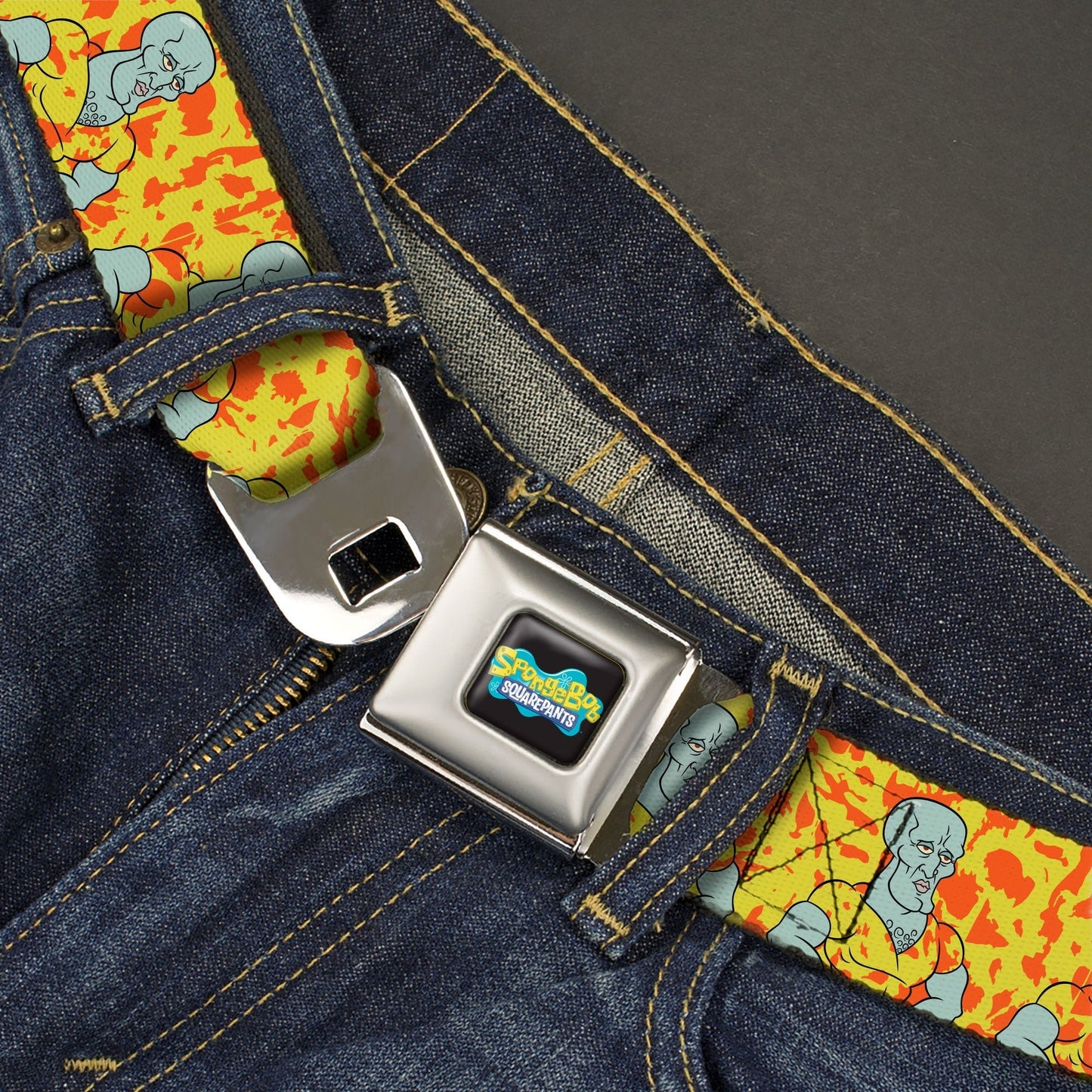 SpongeBob SquarePants Logo Seatbelt Belt Full Color Black Blue Handsome Squidward Yellow - Paramount Shop