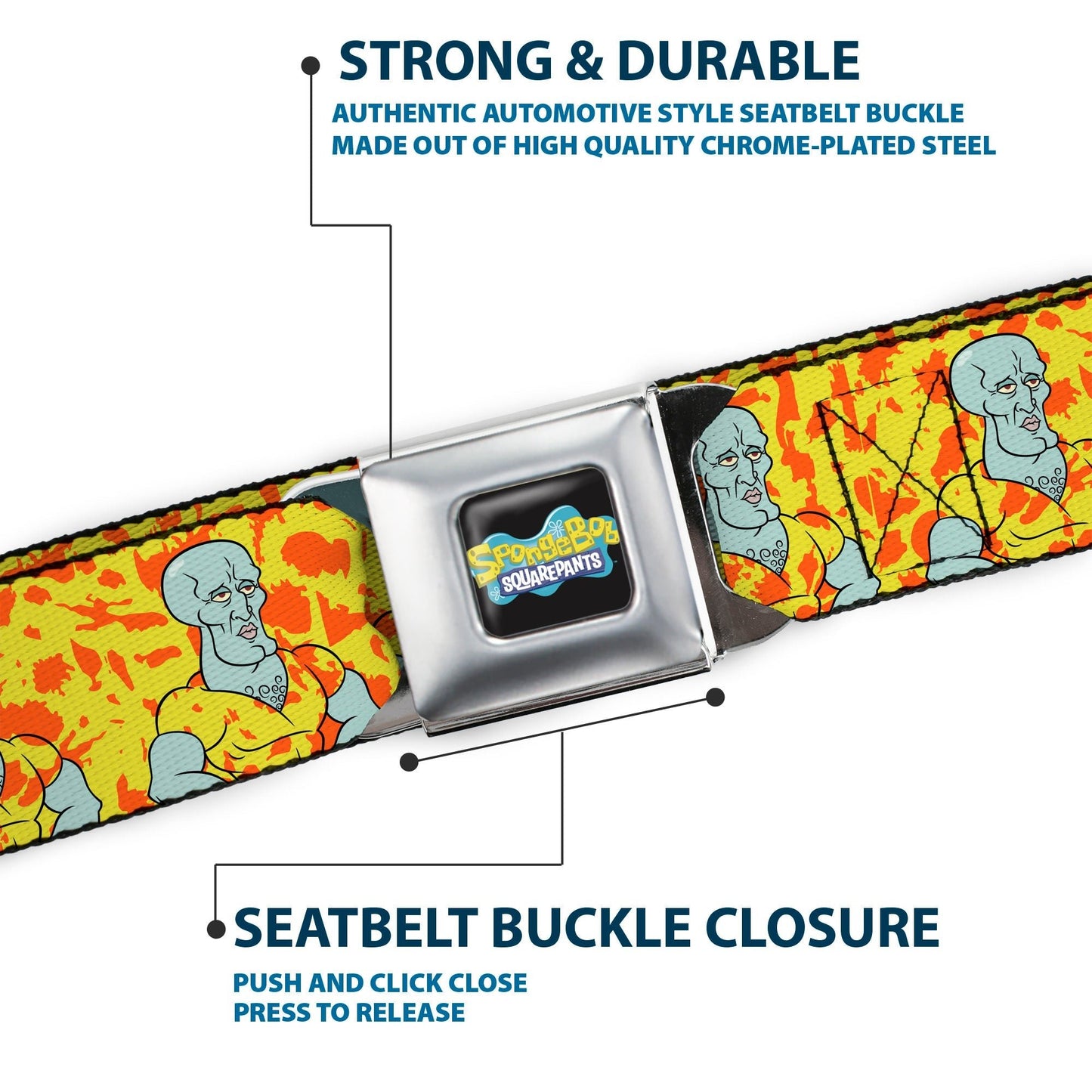 SpongeBob SquarePants Logo Seatbelt Belt Full Color Black Blue Handsome Squidward Yellow - Paramount Shop