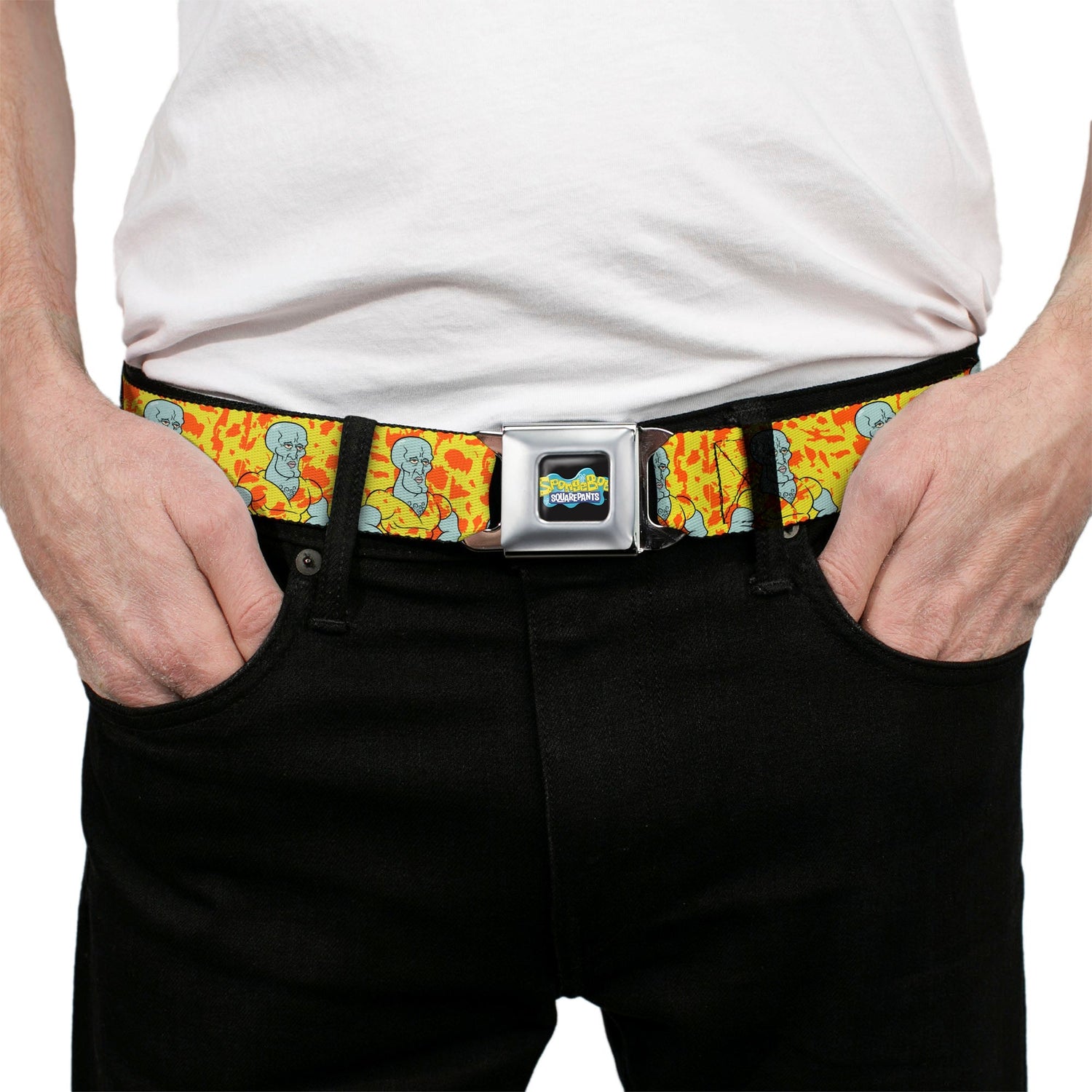 SpongeBob SquarePants Logo Seatbelt Belt Full Color Black Blue Handsome Squidward Yellow - Paramount Shop