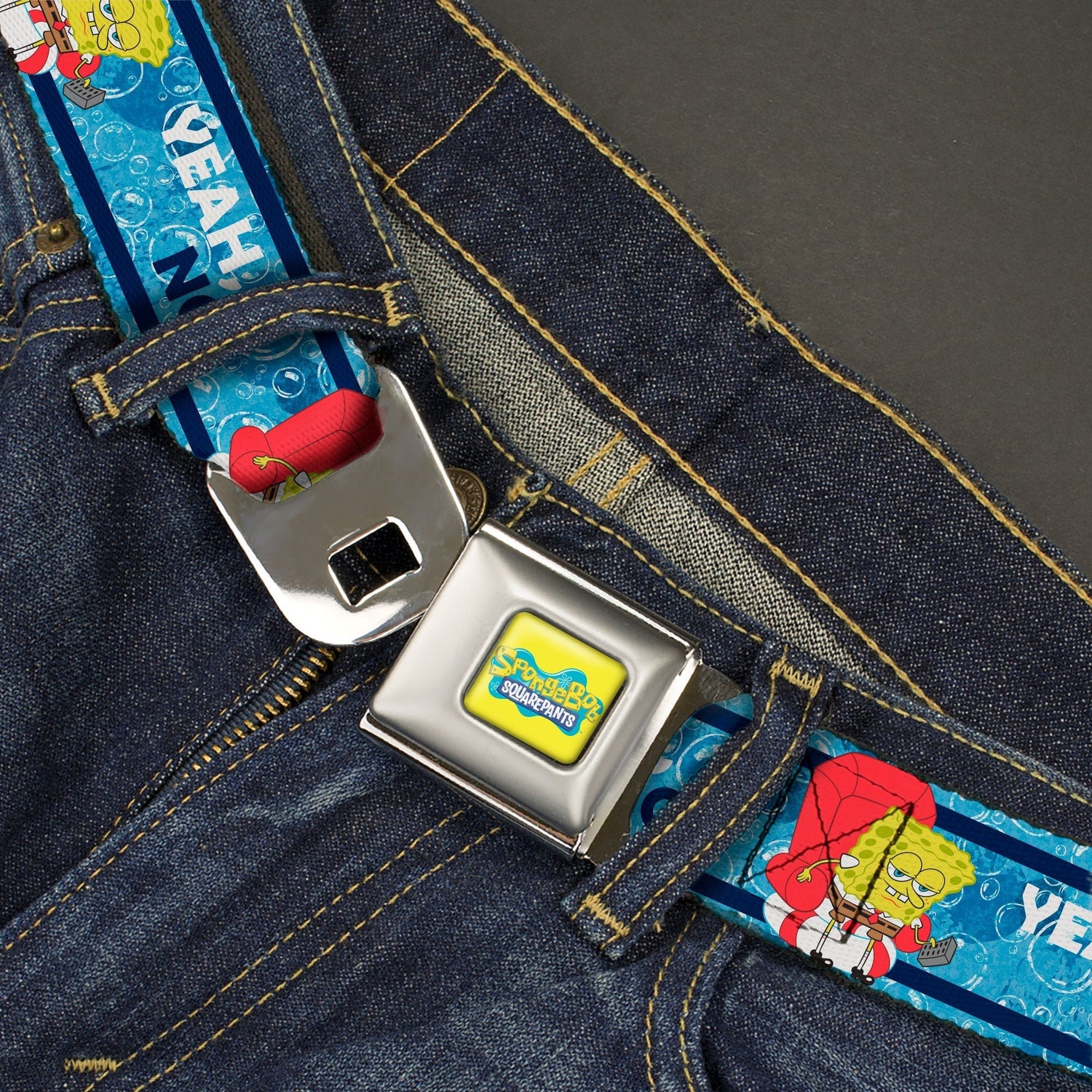 SpongeBob SquarePants Logo Seatbelt Belt Imma Head Out Pose Yellow and Blue - Paramount Shop