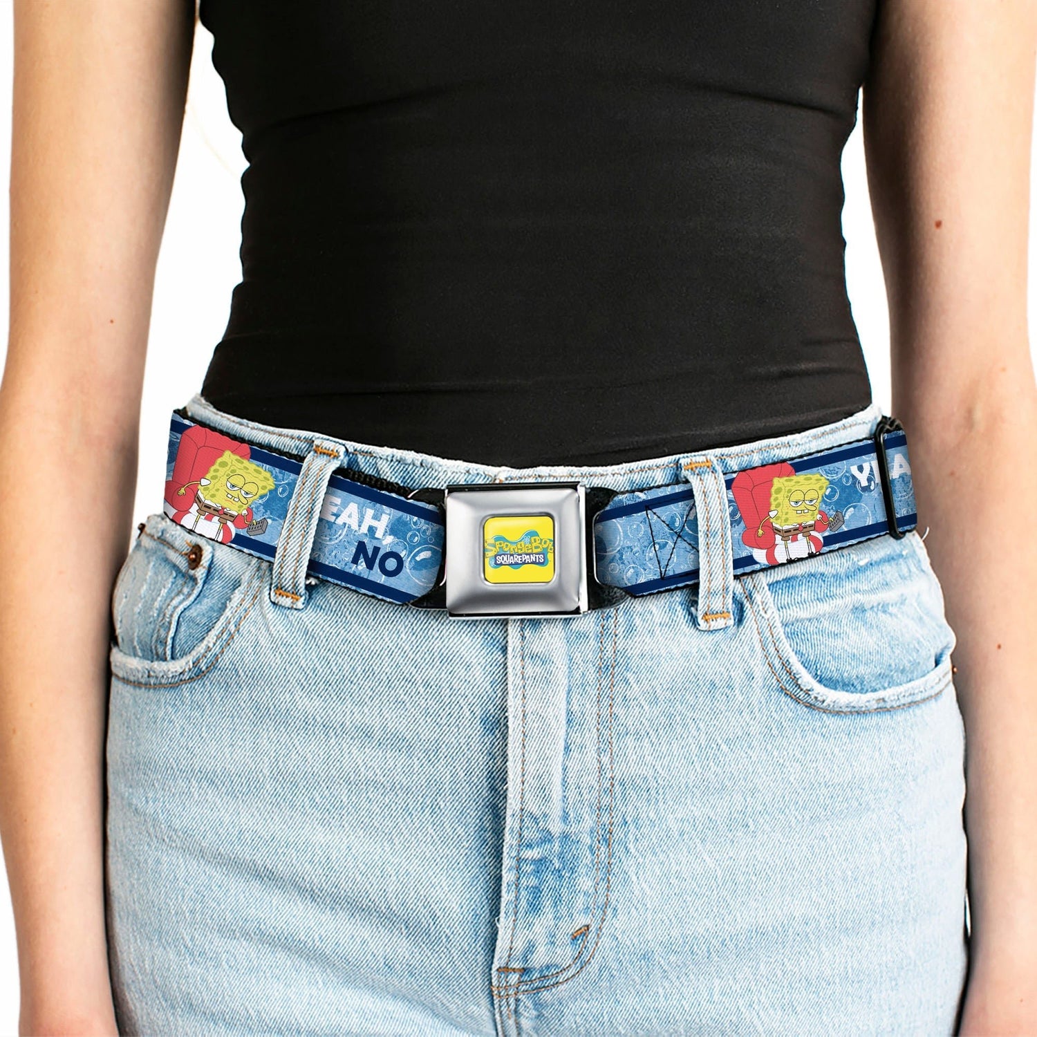 SpongeBob SquarePants Logo Seatbelt Belt Imma Head Out Pose Yellow and Blue - Paramount Shop