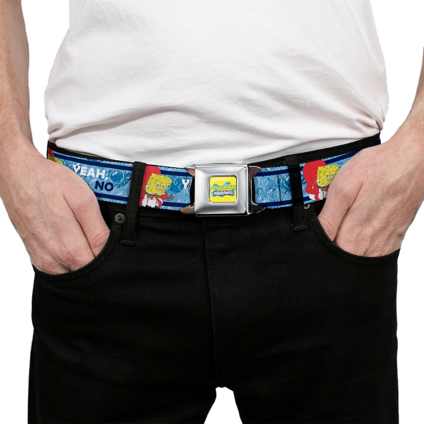 SpongeBob SquarePants Logo Seatbelt Belt Imma Head Out Pose Yellow and Blue - Paramount Shop
