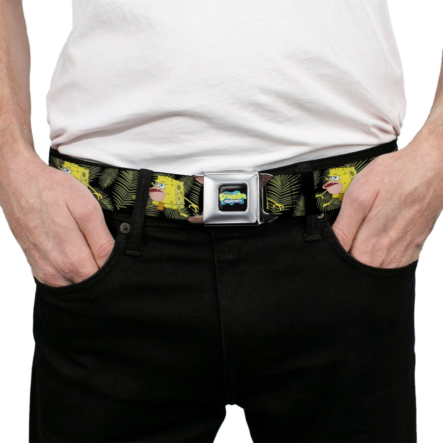 SpongeBob SquarePants Logo Seatbelt Belt Primitive Sponge Pose Black Green - Paramount Shop