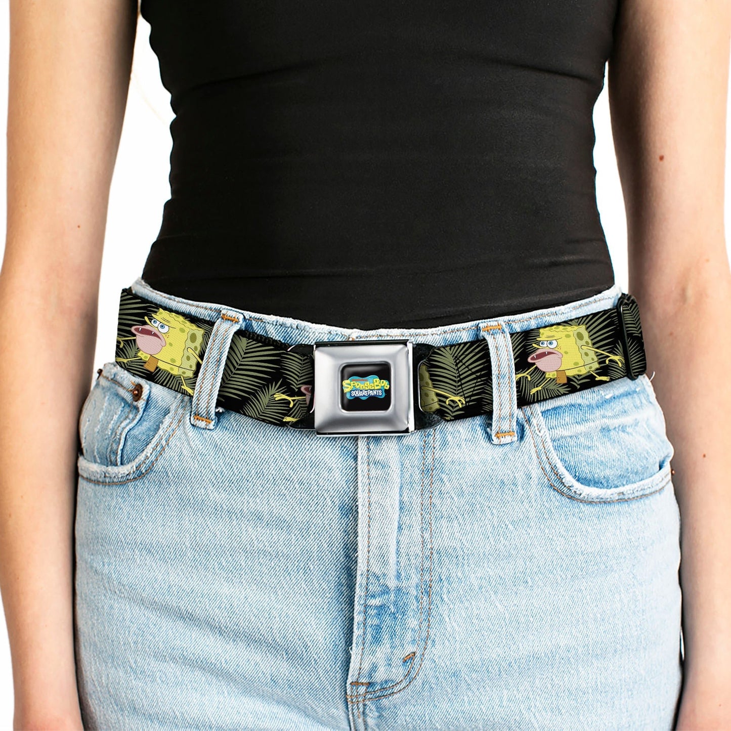 SpongeBob SquarePants Logo Seatbelt Belt Primitive Sponge Pose Black Green - Paramount Shop