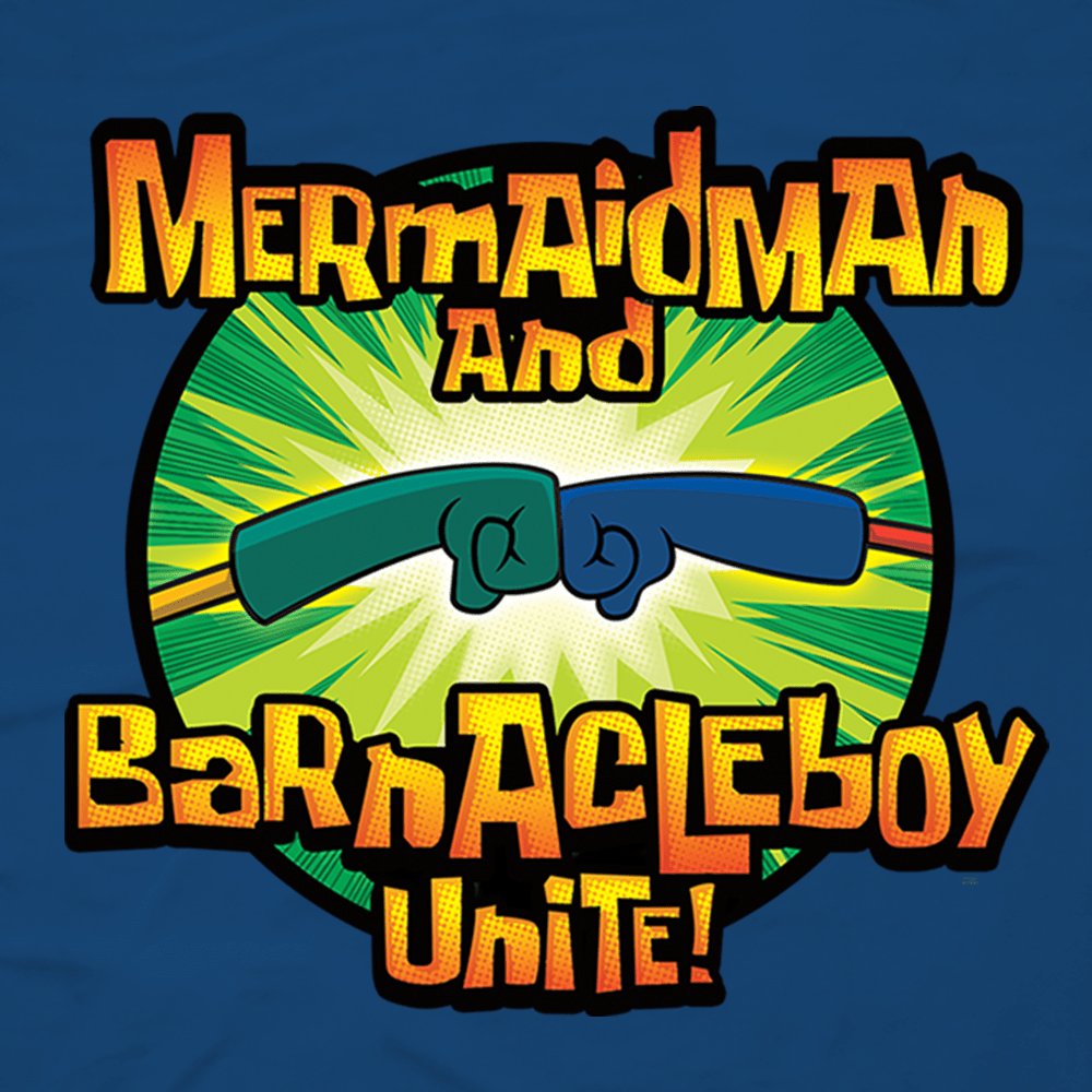 SpongeBob SquarePants Mermaidman and Barnacleboy Unite Logo Sherpa Blanket - Paramount Shop