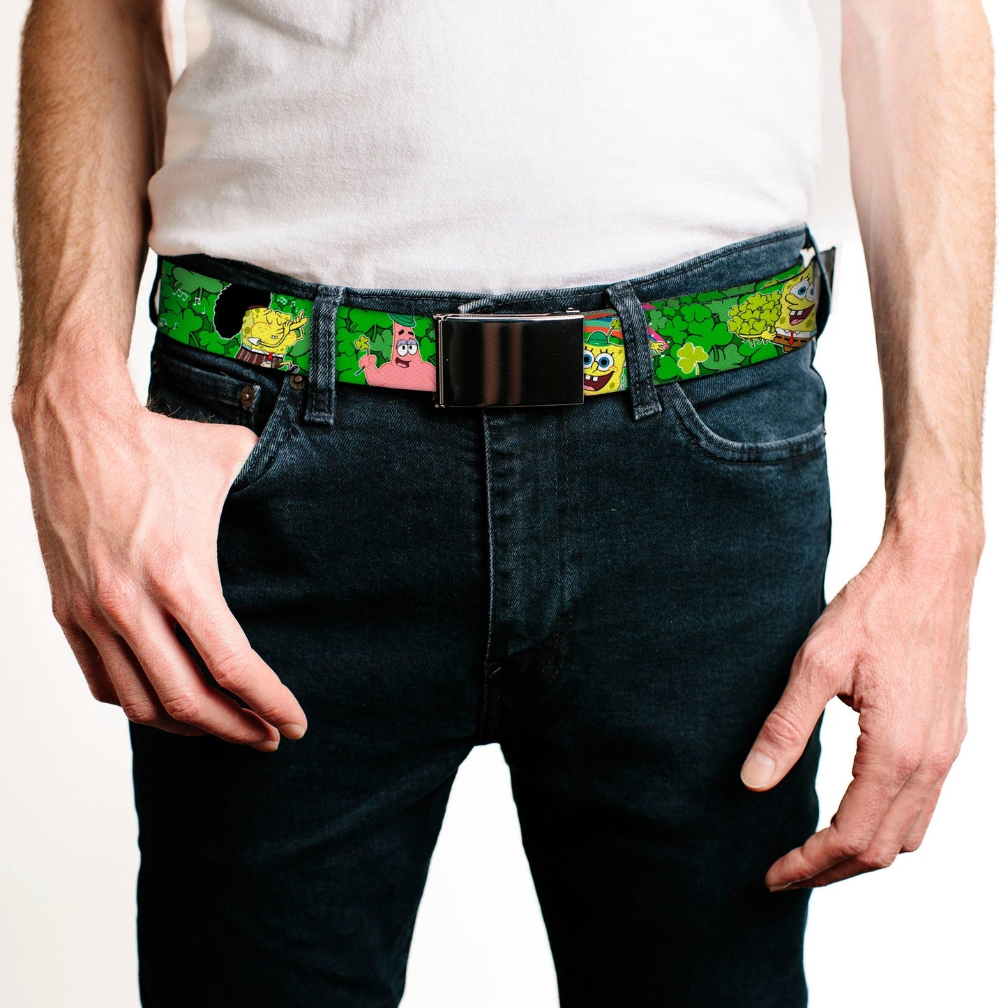 SpongeBob SquarePants & Patrick Starfish Web Belt St. Patrick's Day Poses Chrome Buckle - Paramount Shop