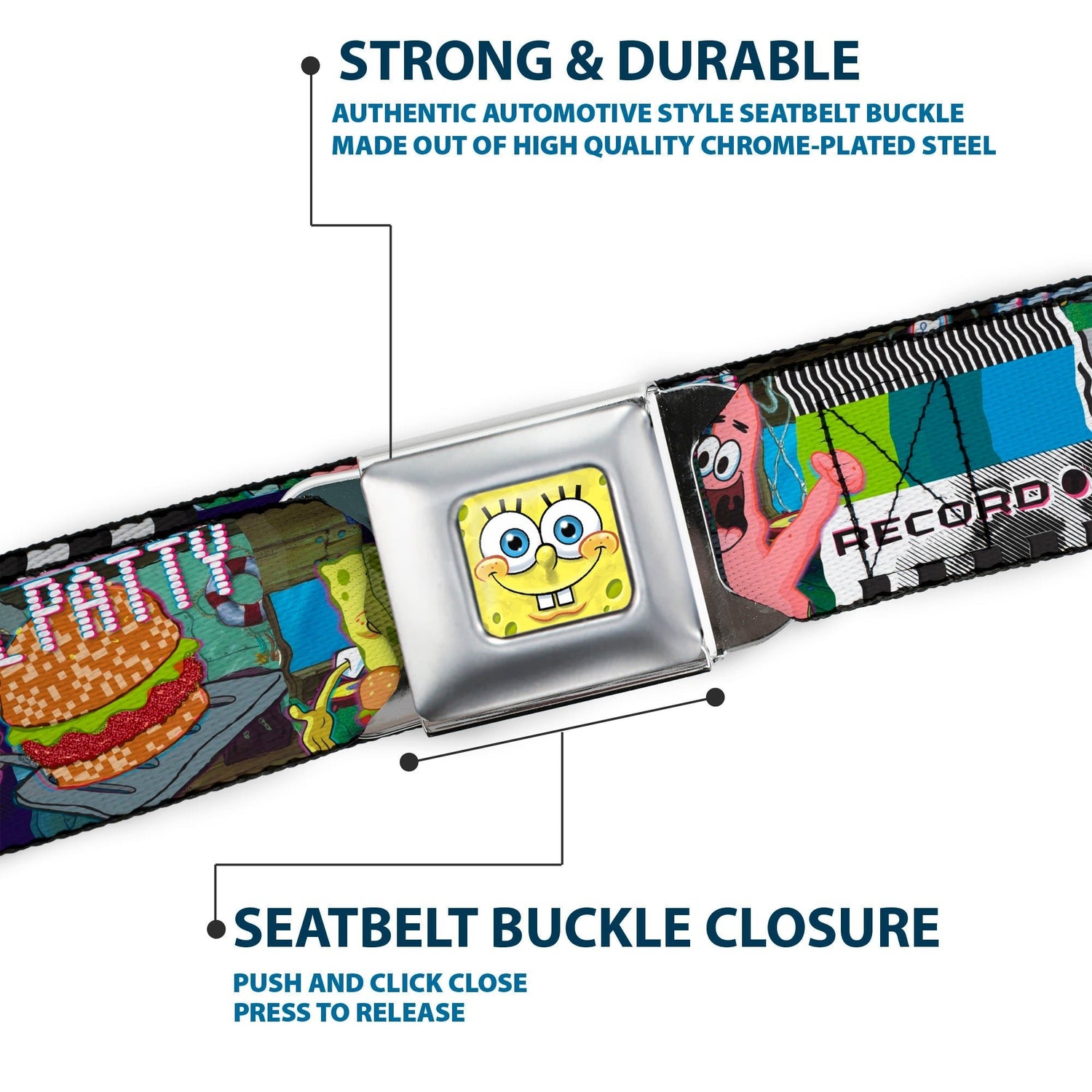 SpongeBob SquarePants Seatbelt Belt 3 - D Face Close - Up Buckle - Down Adjustable Full Color - Paramount Shop