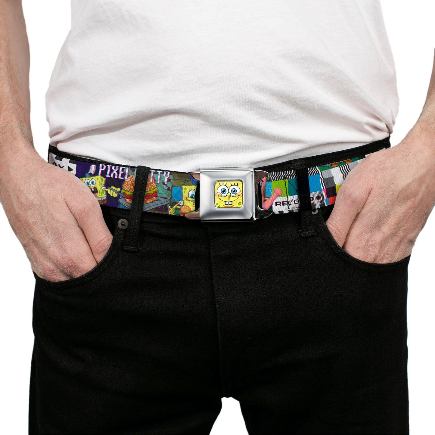SpongeBob SquarePants Seatbelt Belt 3 - D Face Close - Up Buckle - Down Adjustable Full Color - Paramount Shop