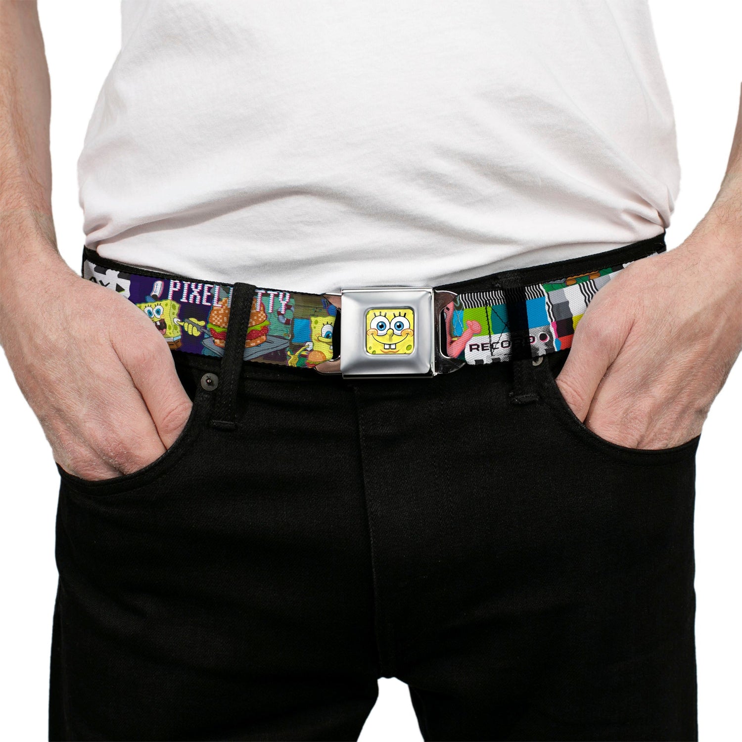 SpongeBob SquarePants Seatbelt Belt 3 - D Face Close - Up Buckle - Down Adjustable Full Color - Paramount Shop