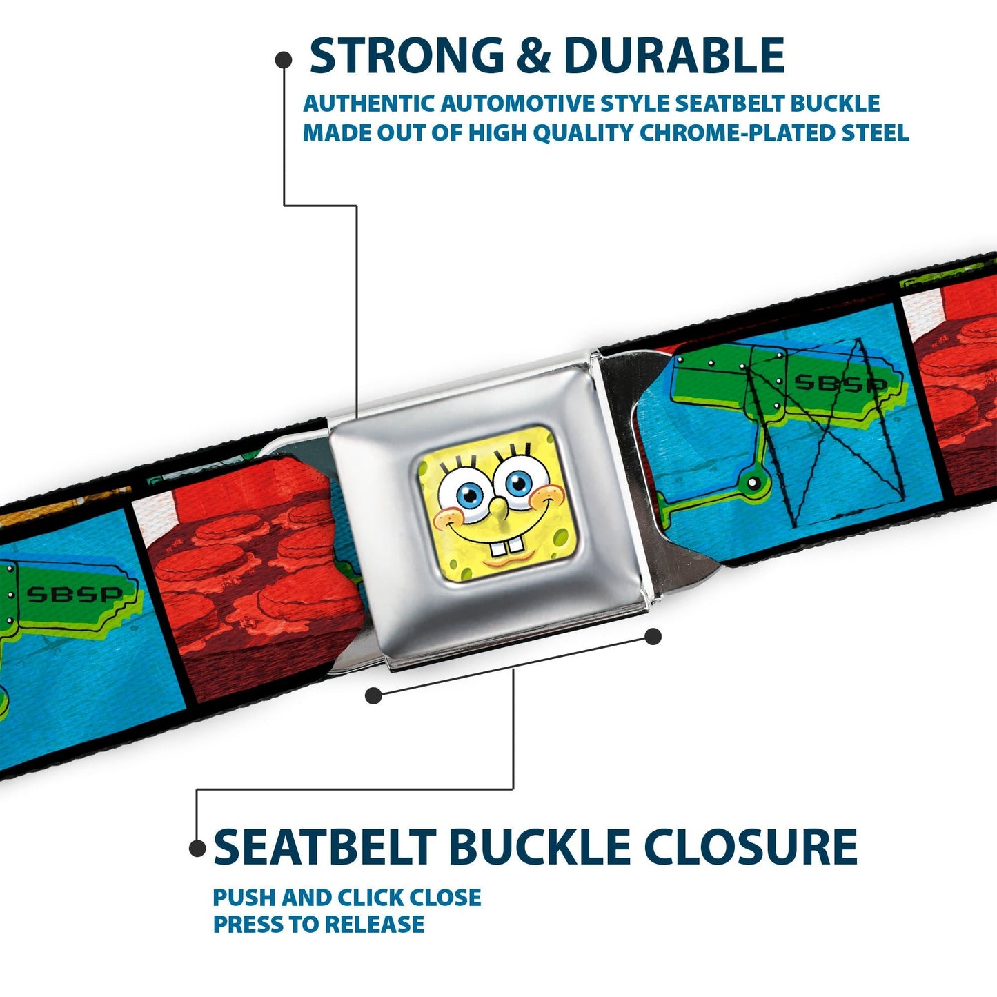 SpongeBob SquarePants Seatbelt Belt 3 - D Face Close - Up Full Color Krusty Krab's Cam Scene Buckle - Down - Paramount Shop