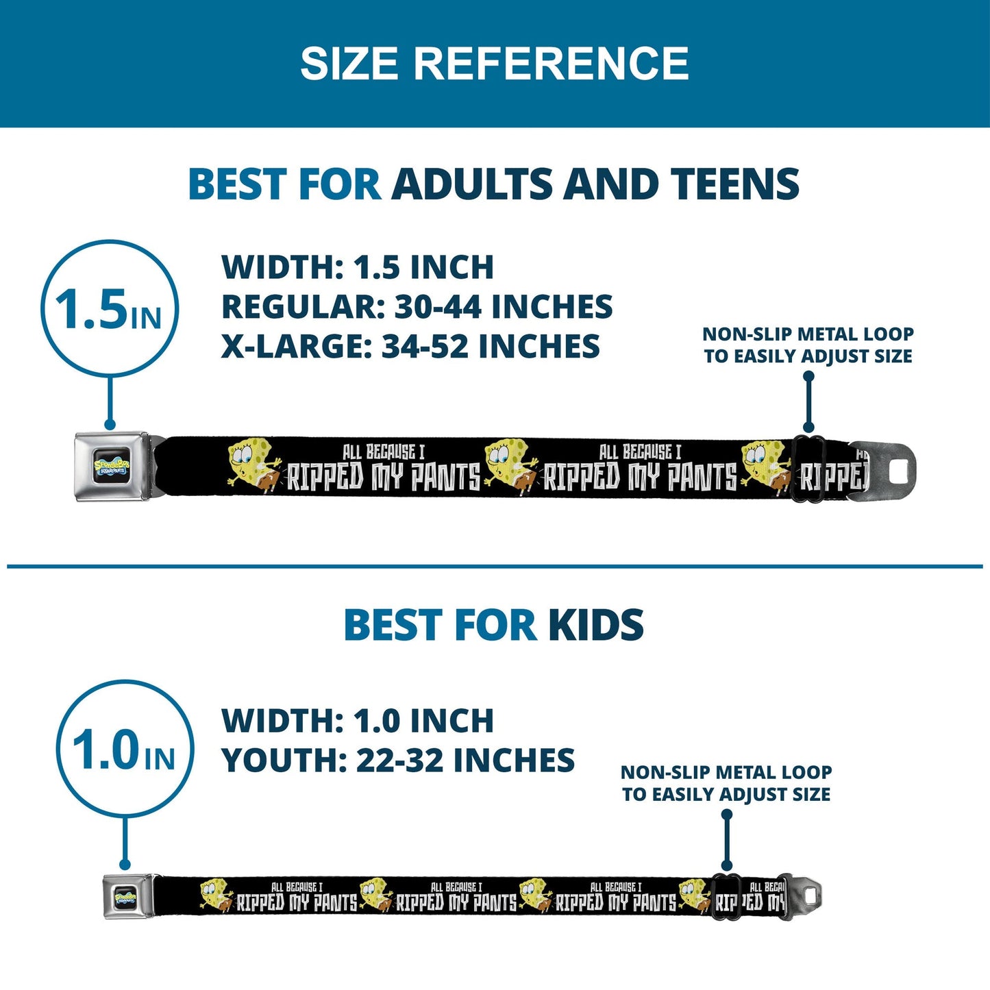 SpongeBob SquarePants Seatbelt Belt All Because I Ripped My Pants Pose Adjustable Black - Paramount Shop