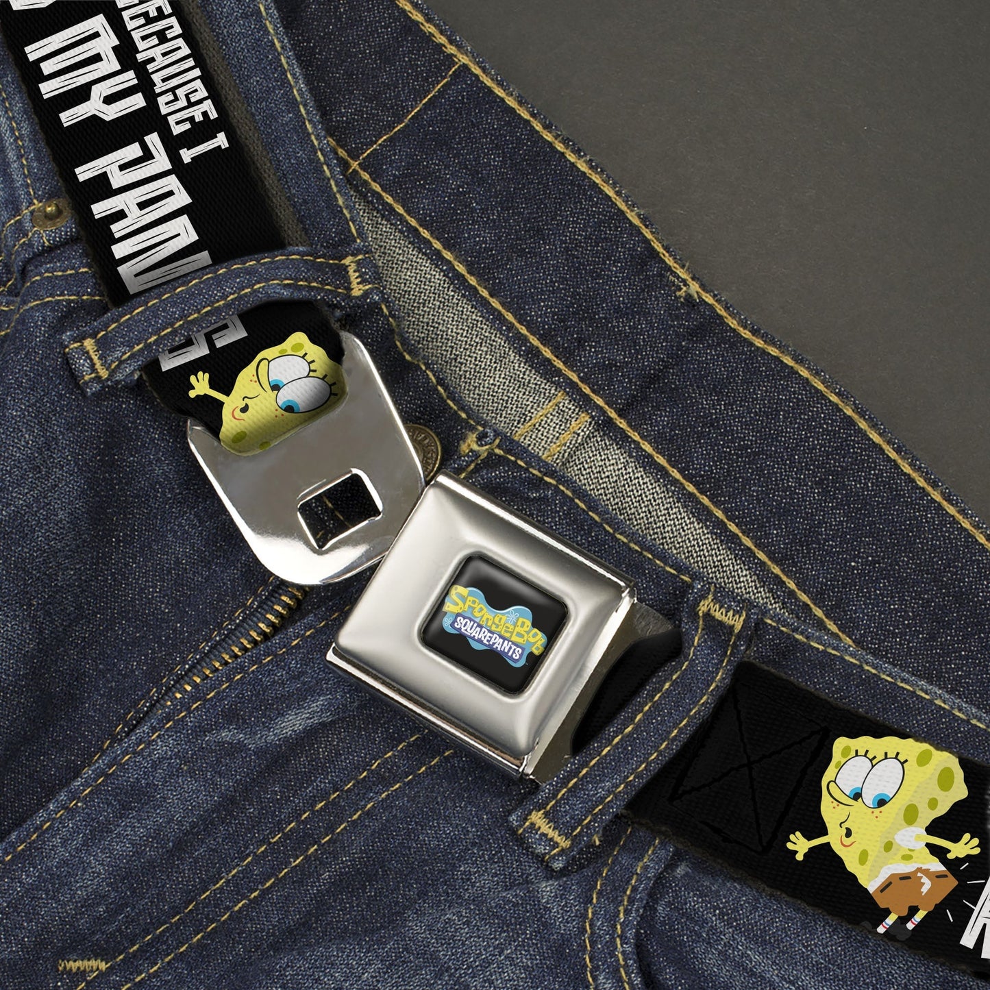 SpongeBob SquarePants Seatbelt Belt All Because I Ripped My Pants Pose Adjustable Black - Paramount Shop
