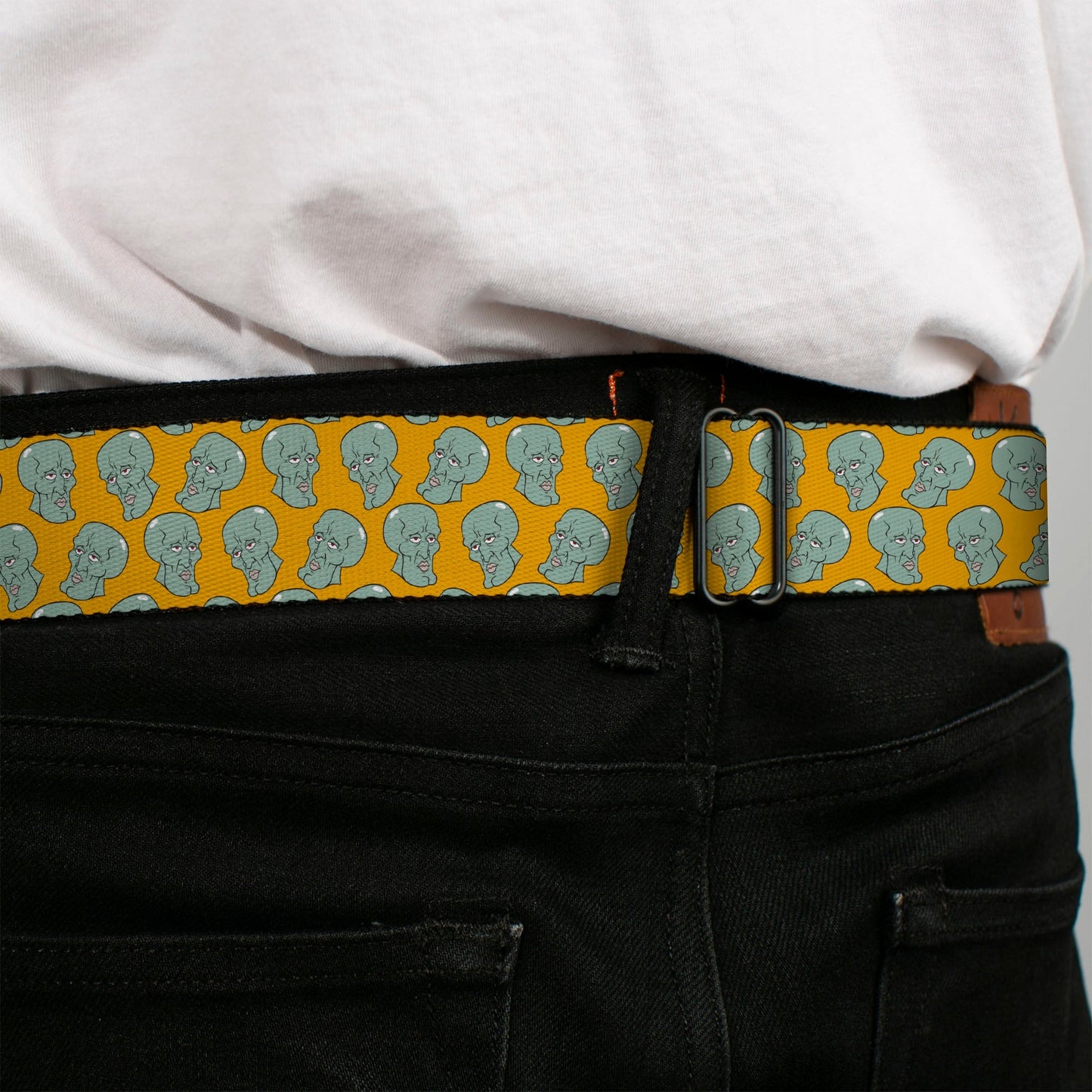 SpongeBob SquarePants Seatbelt Belt Black/Blues Logo Handsome Squidward Face Orange Webbing - Paramount Shop
