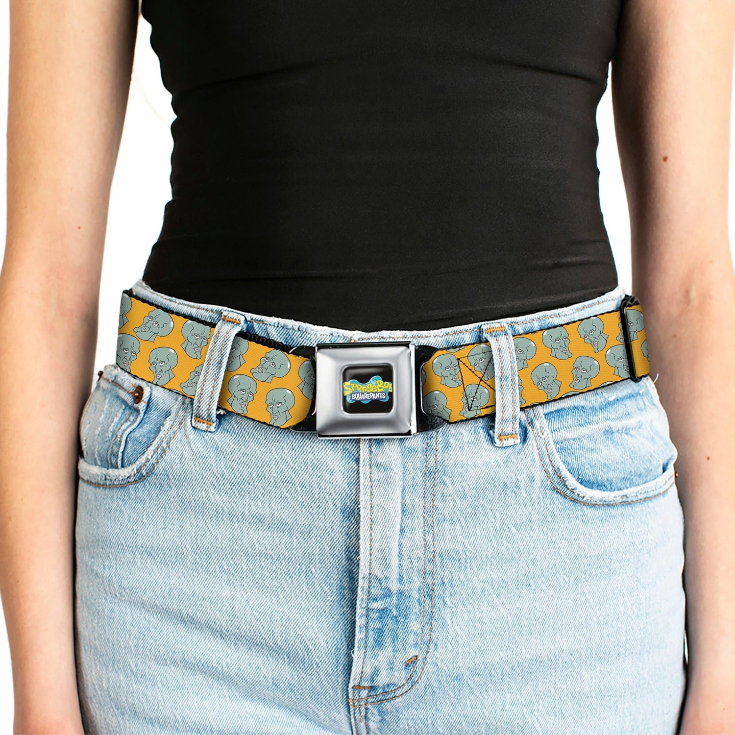SpongeBob SquarePants Seatbelt Belt Black/Blues Logo Handsome Squidward Face Orange Webbing - Paramount Shop