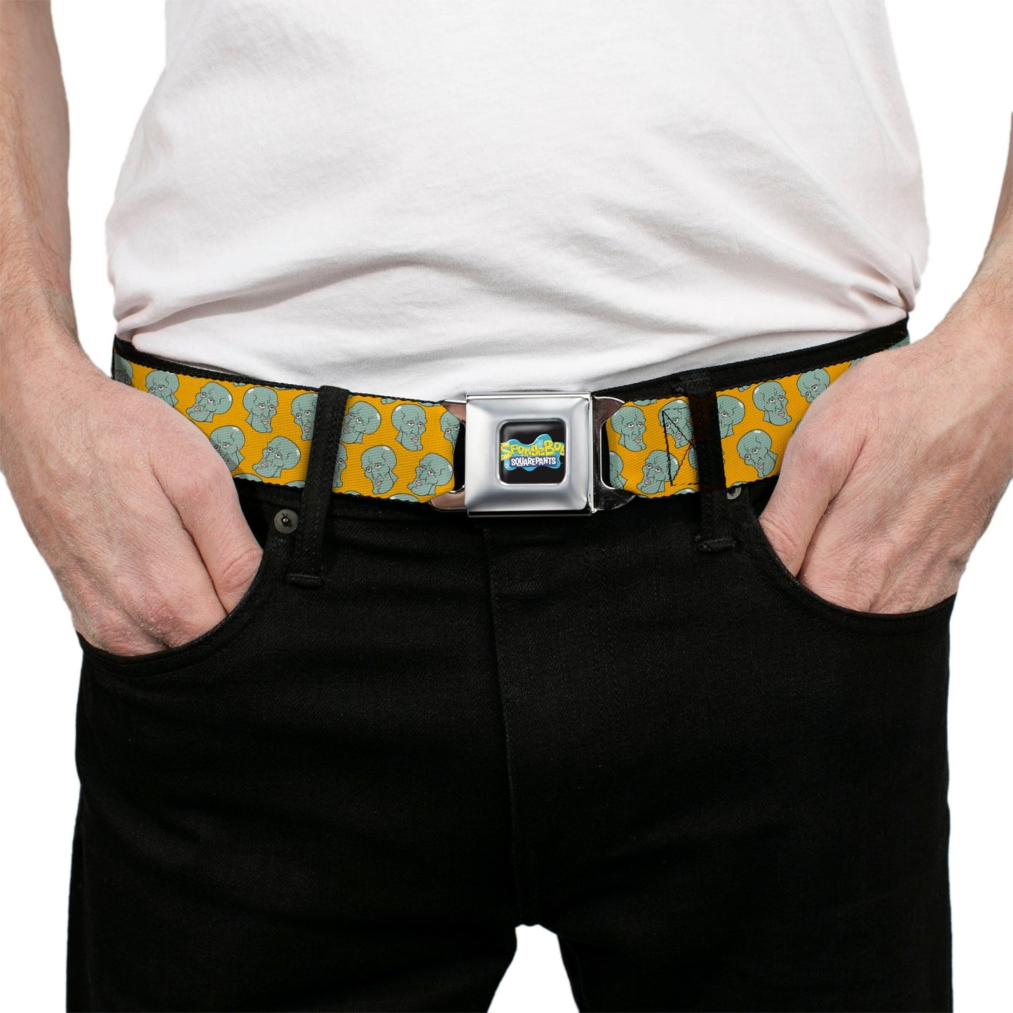 SpongeBob SquarePants Seatbelt Belt Black/Blues Logo Handsome Squidward Face Orange Webbing - Paramount Shop