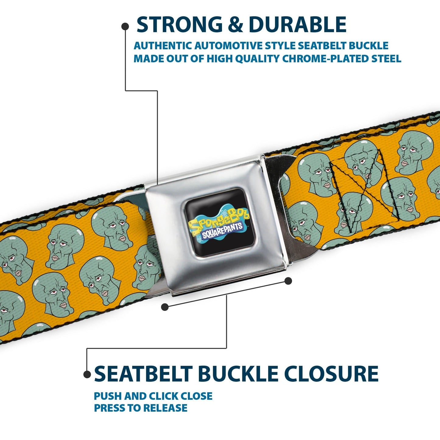 SpongeBob SquarePants Seatbelt Belt Black/Blues Logo Handsome Squidward Face Orange Webbing - Paramount Shop