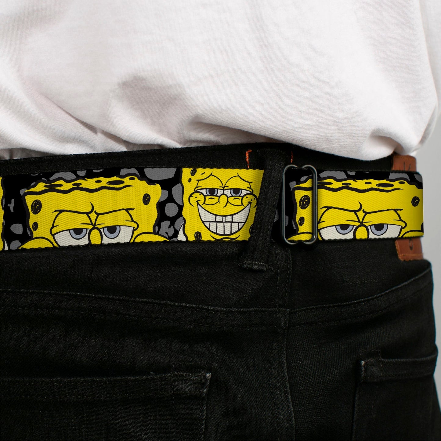 SpongeBob SquarePants Seatbelt Belt Close - Up Expressions Full Color Black Gray Yellow - Paramount Shop