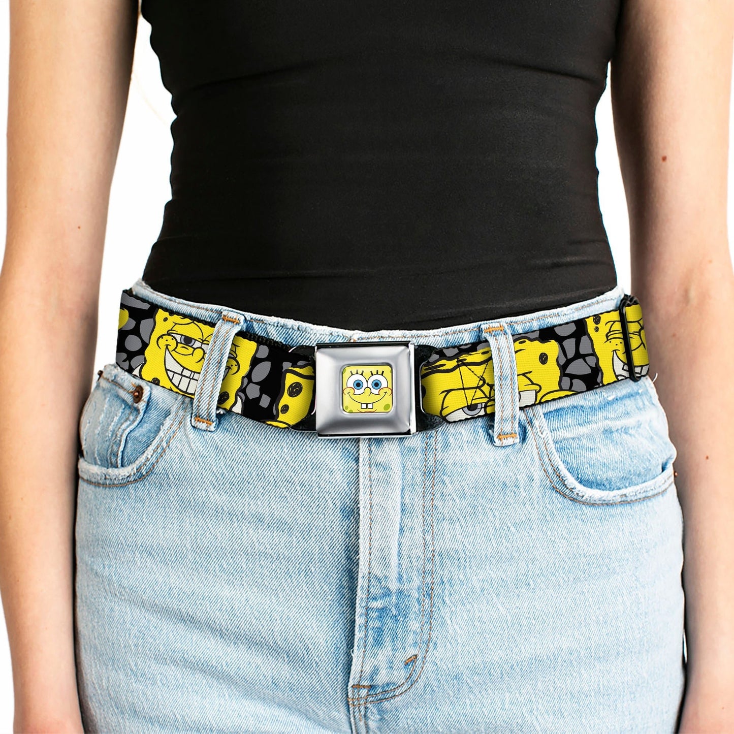 SpongeBob SquarePants Seatbelt Belt Close - Up Expressions Full Color Black Gray Yellow - Paramount Shop