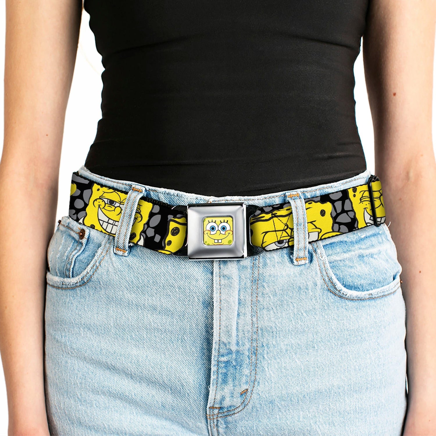 SpongeBob SquarePants Seatbelt Belt Close - Up Expressions Full Color Black Gray Yellow - Paramount Shop