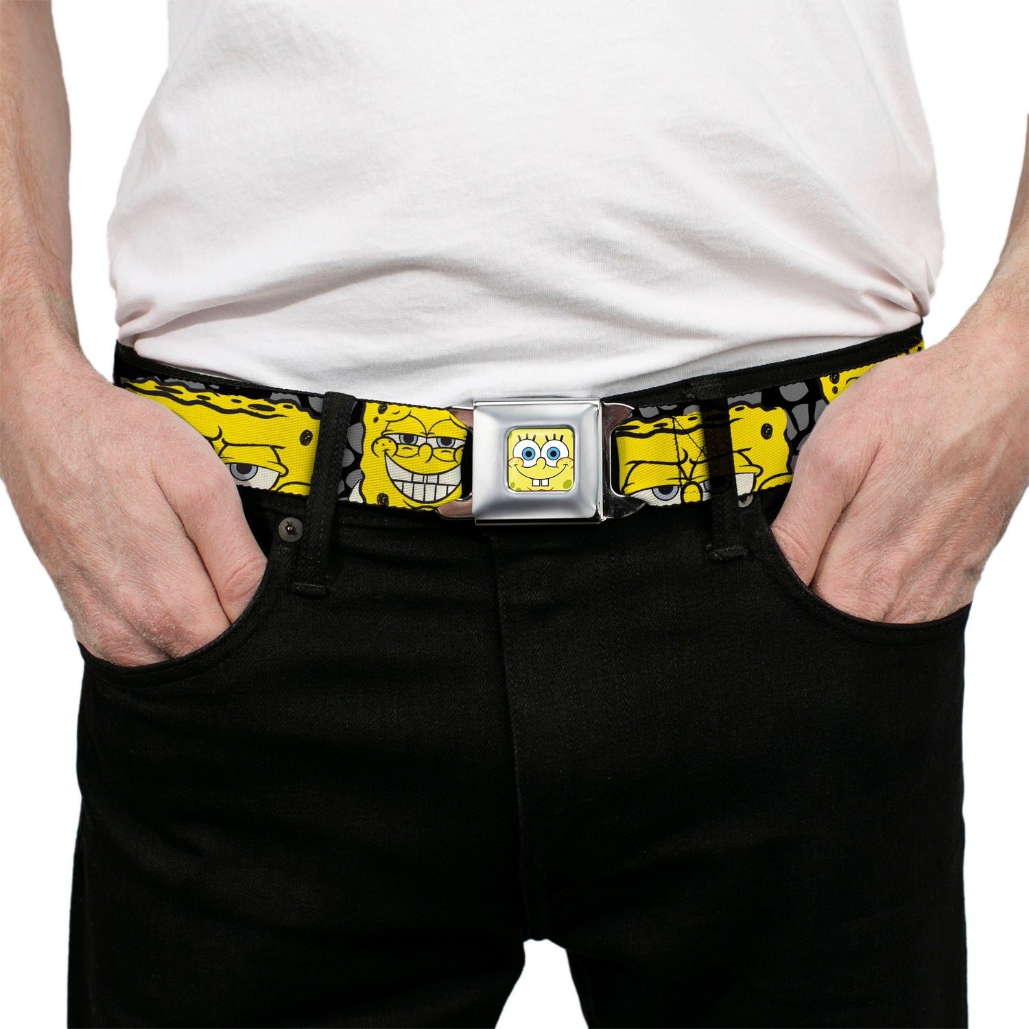 SpongeBob SquarePants Seatbelt Belt Close - Up Expressions Full Color Black Gray Yellow - Paramount Shop