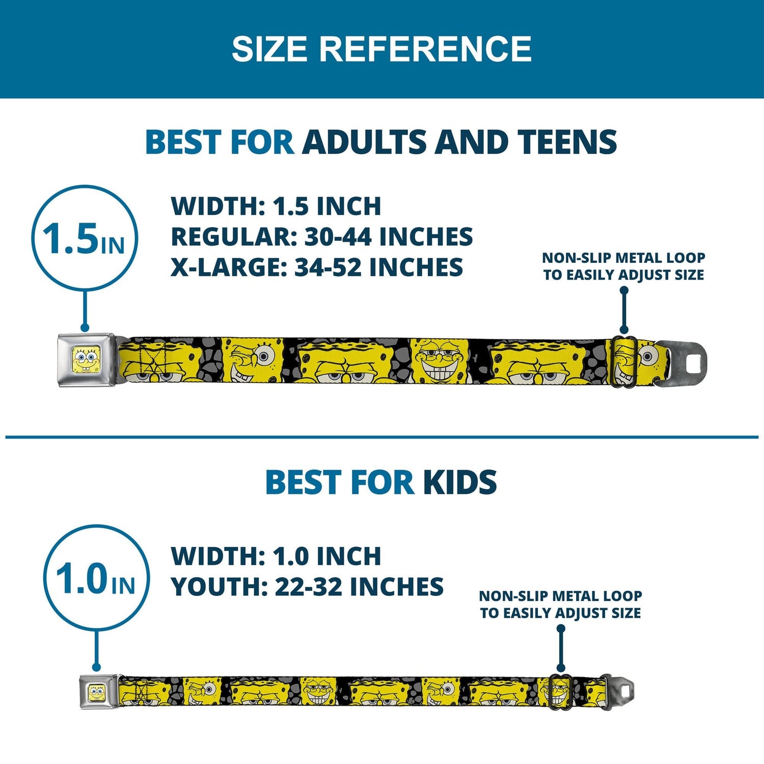 SpongeBob SquarePants Seatbelt Belt Close - Up Expressions Full Color Black Gray Yellow - Paramount Shop