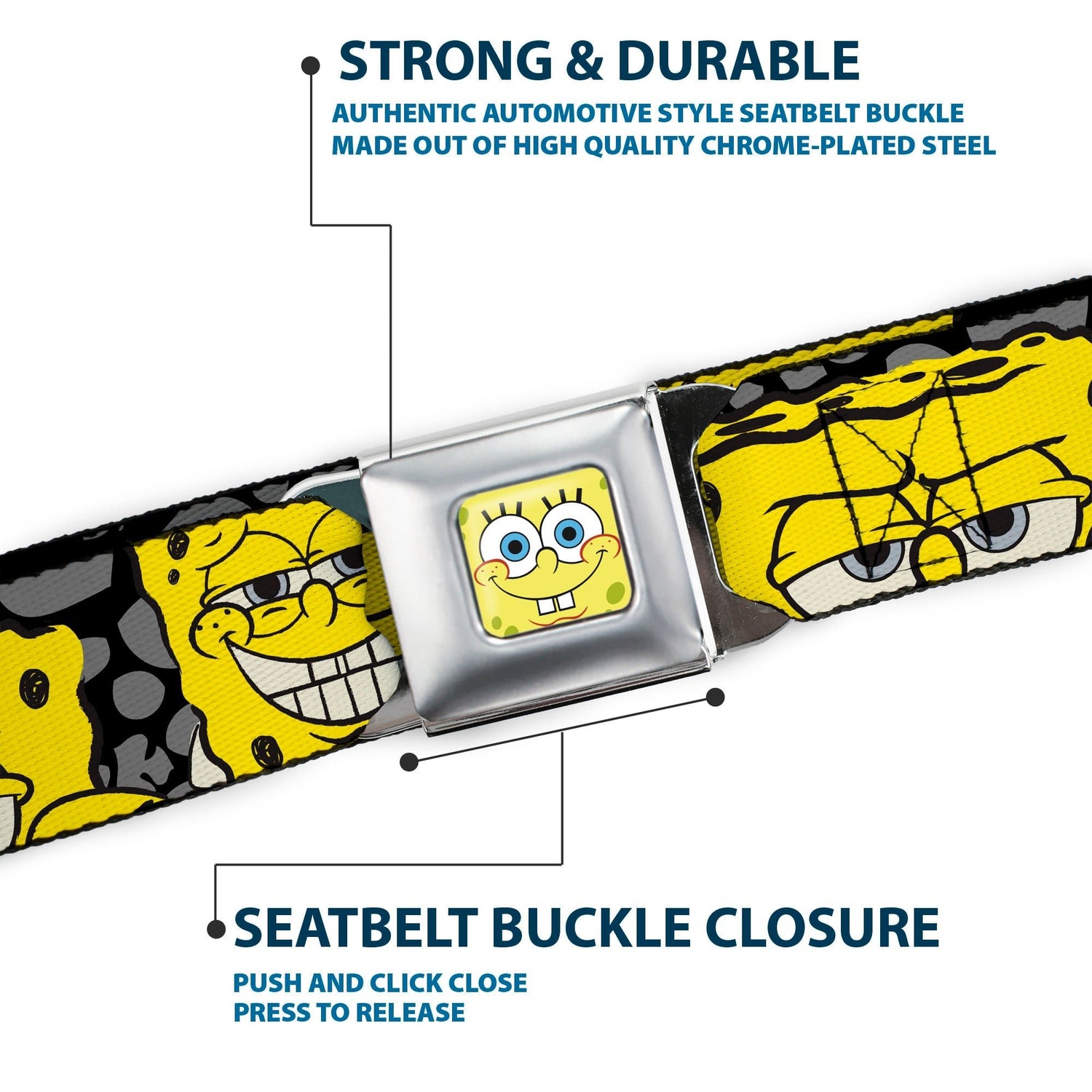 SpongeBob SquarePants Seatbelt Belt Close - Up Expressions Full Color Black Gray Yellow - Paramount Shop