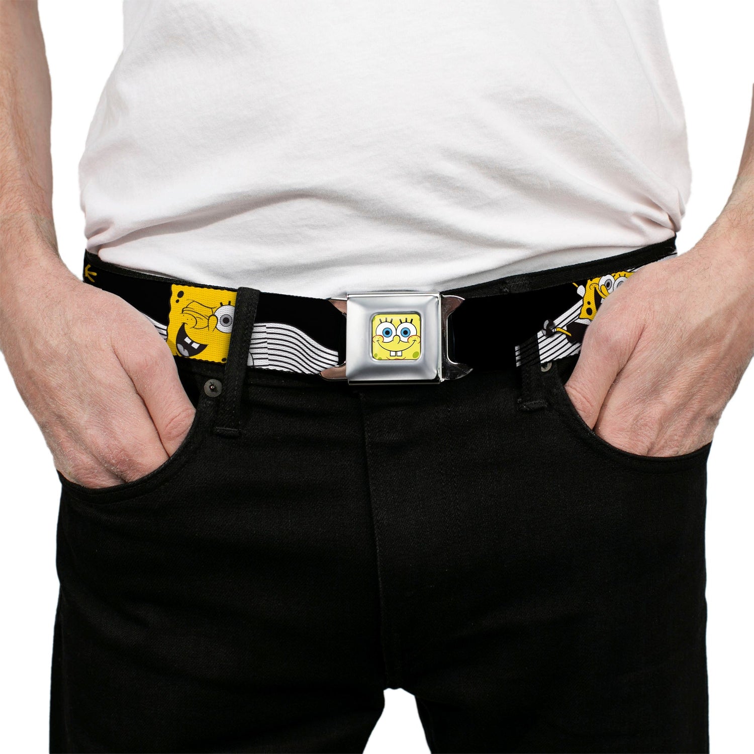 SpongeBob SquarePants Seatbelt Belt Face Close - Up Action Poses Full Color Black White Yellow - Paramount Shop