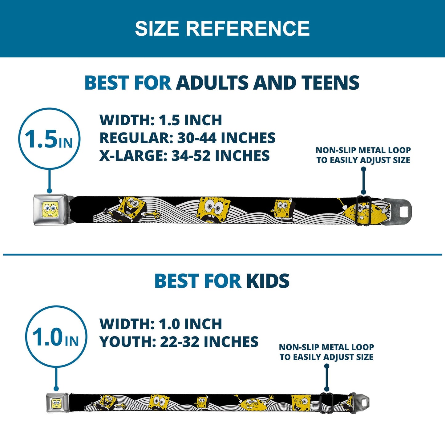 SpongeBob SquarePants Seatbelt Belt Face Close - Up Action Poses Full Color Black White Yellow - Paramount Shop