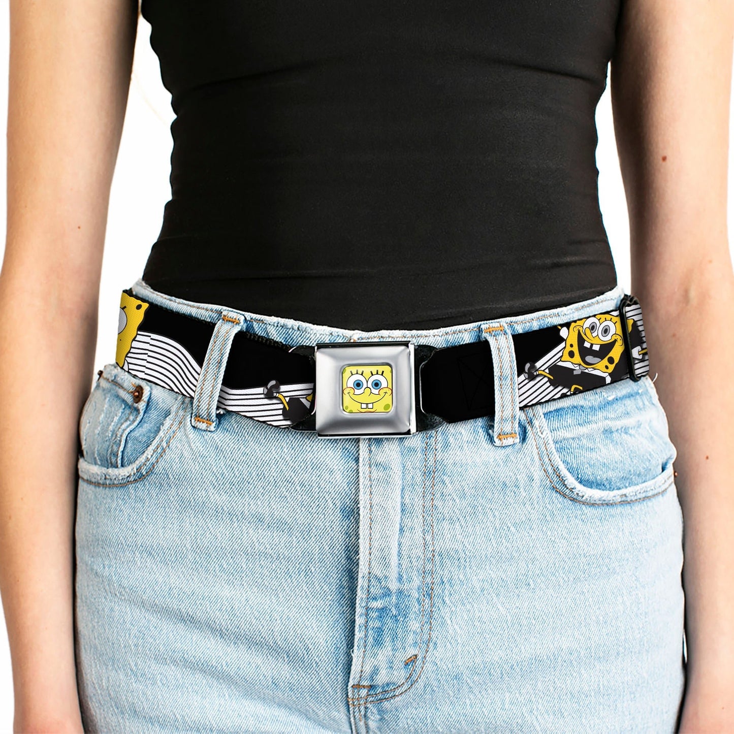 SpongeBob SquarePants Seatbelt Belt Face Close - Up Action Poses Full Color Black White Yellow - Paramount Shop