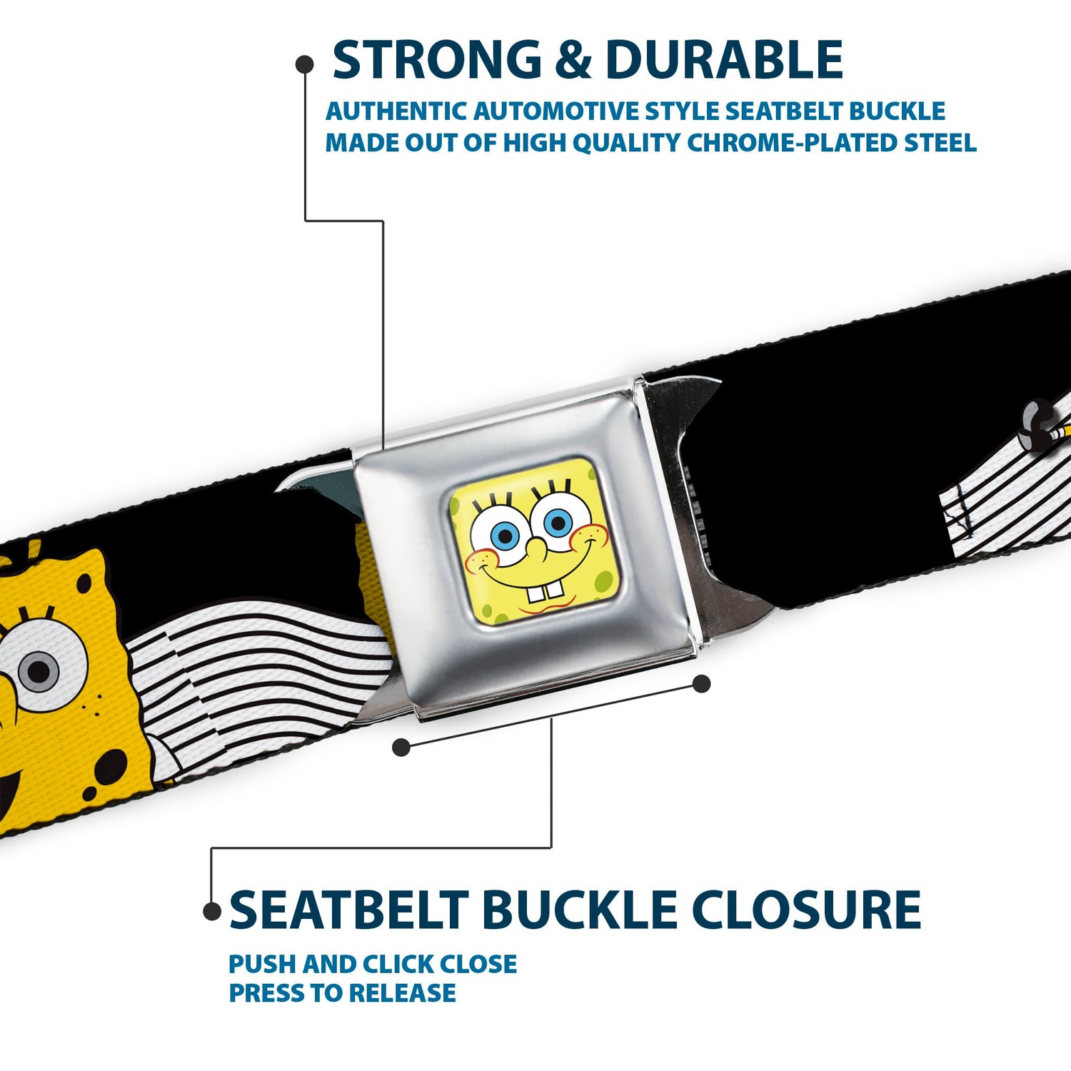 SpongeBob SquarePants Seatbelt Belt Face Close - Up Action Poses Full Color Black White Yellow - Paramount Shop