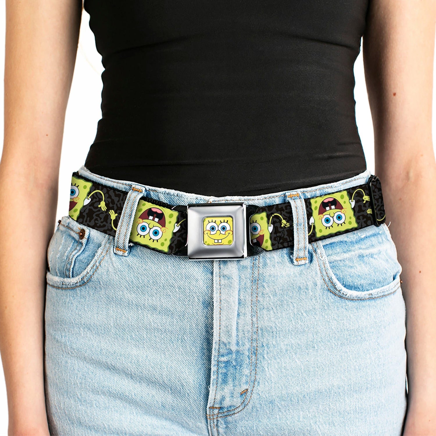 SpongeBob SquarePants Seatbelt Belt Face Close - Up Camo Gray Black - Paramount Shop