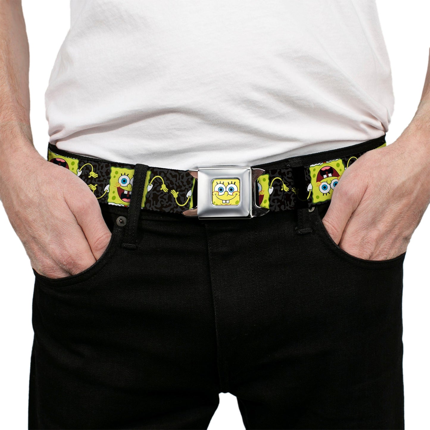 SpongeBob SquarePants Seatbelt Belt Face Close - Up Camo Gray Black - Paramount Shop