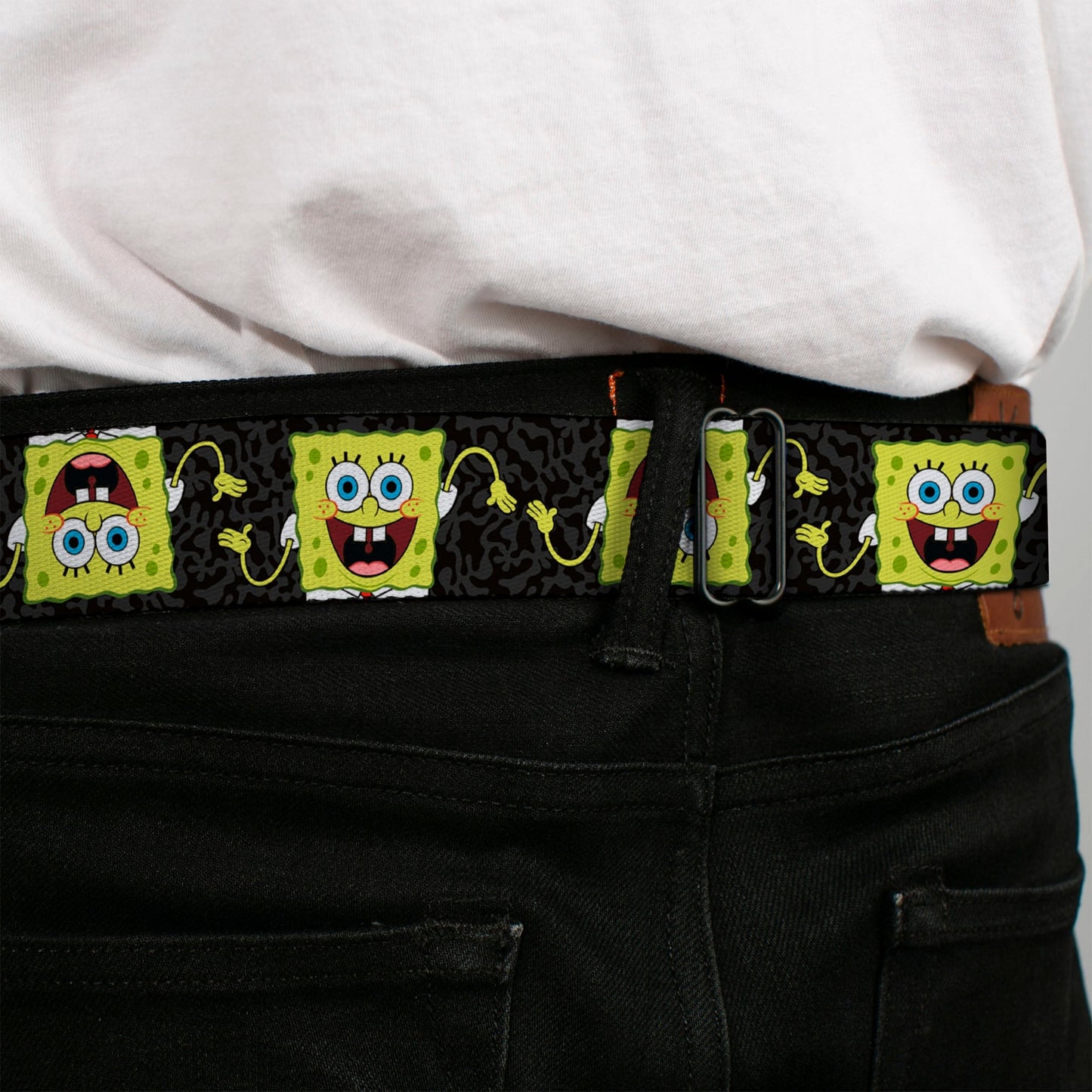SpongeBob SquarePants Seatbelt Belt Face Close - Up Camo Gray Black - Paramount Shop