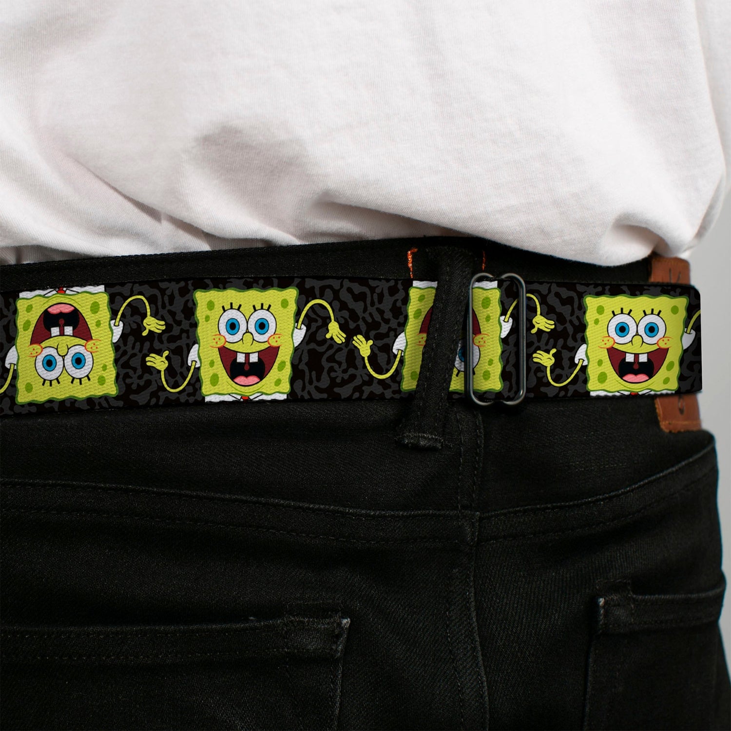 SpongeBob SquarePants Seatbelt Belt Face Close - Up Camo Gray Black - Paramount Shop