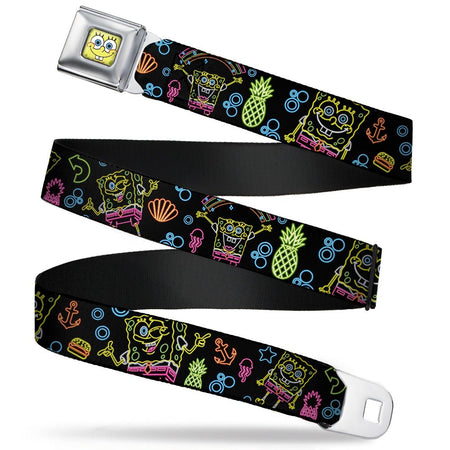 SpongeBob SquarePants Seatbelt Belt Face Close - Up Electric Poses Black Multi - Color - Paramount Shop