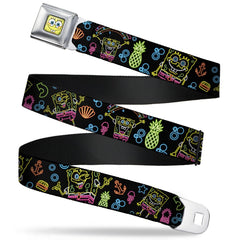SpongeBob SquarePants Seatbelt Belt Face Close-Up Electric Poses Black Multi-Color - Adult Reg (30"-44")