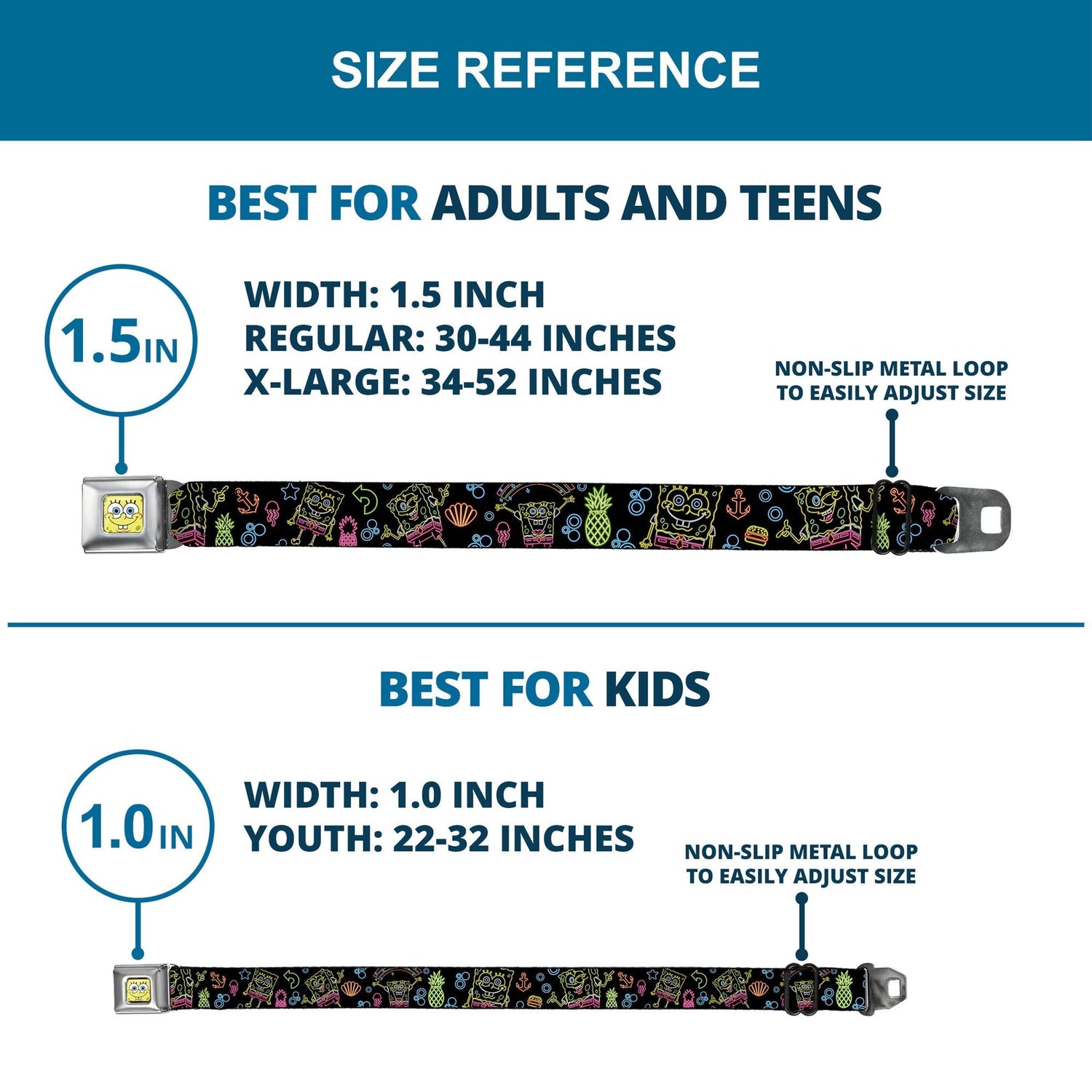 SpongeBob SquarePants Seatbelt Belt Face Close - Up Electric Poses Black Multi - Color - Paramount Shop