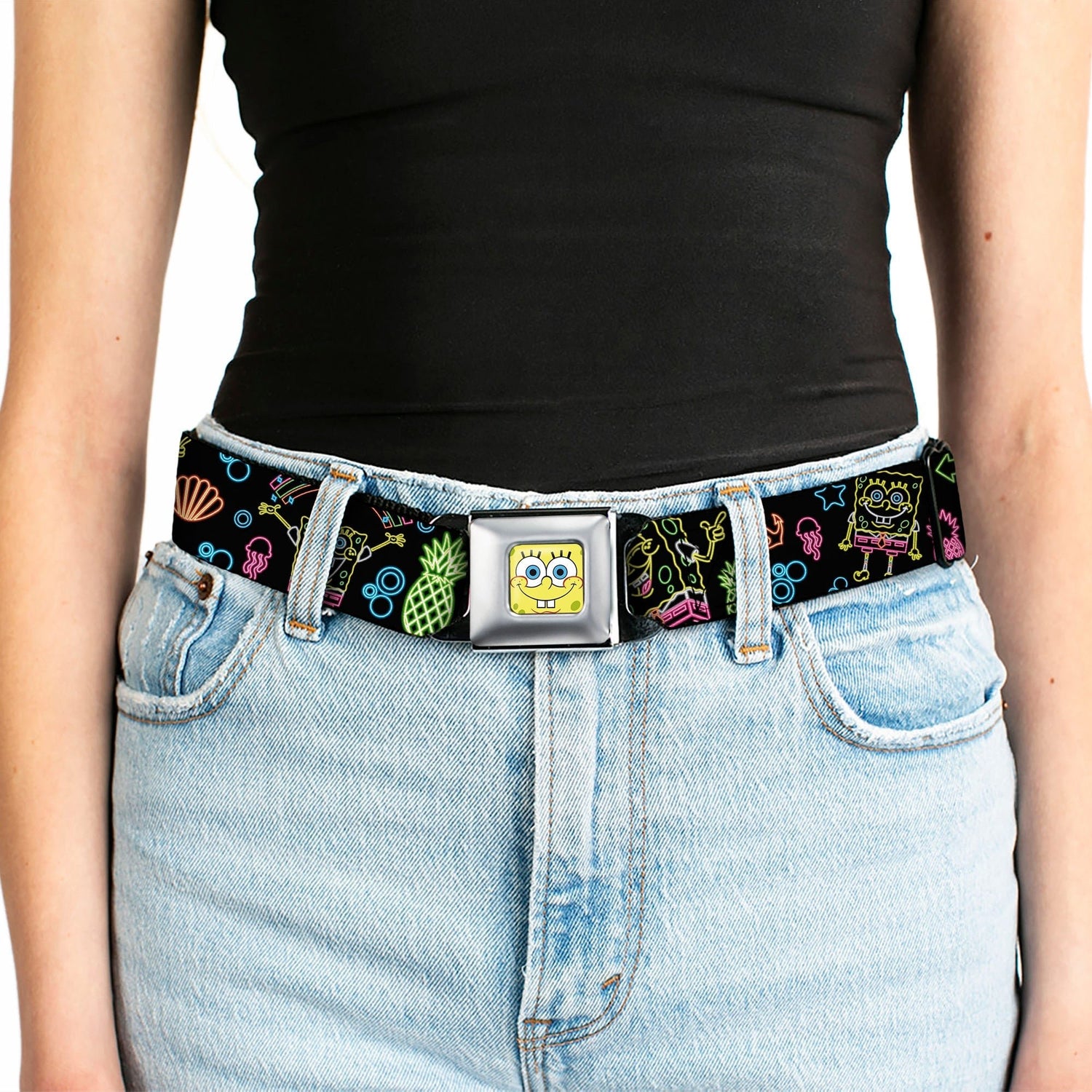 SpongeBob SquarePants Seatbelt Belt Face Close - Up Electric Poses Black Multi - Color - Paramount Shop