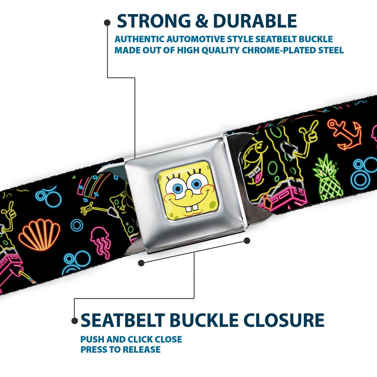 SpongeBob SquarePants Seatbelt Belt Face Close - Up Electric Poses Black Multi - Color - Paramount Shop