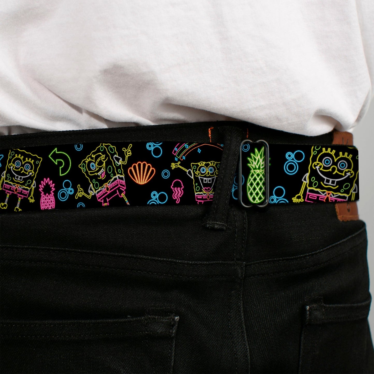 SpongeBob SquarePants Seatbelt Belt Face Close - Up Electric Poses Black Multi - Color - Paramount Shop