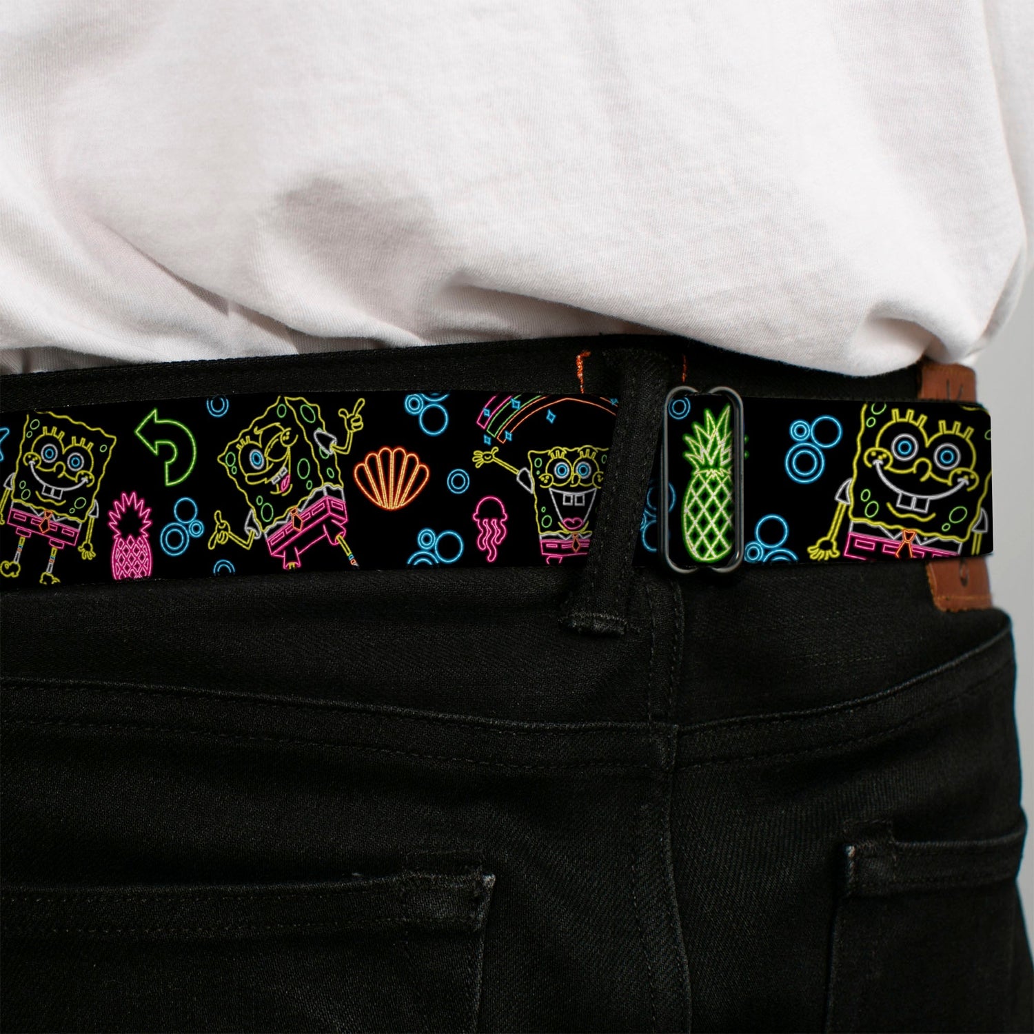 SpongeBob SquarePants Seatbelt Belt Face Close - Up Electric Poses Black Multi - Color - Paramount Shop