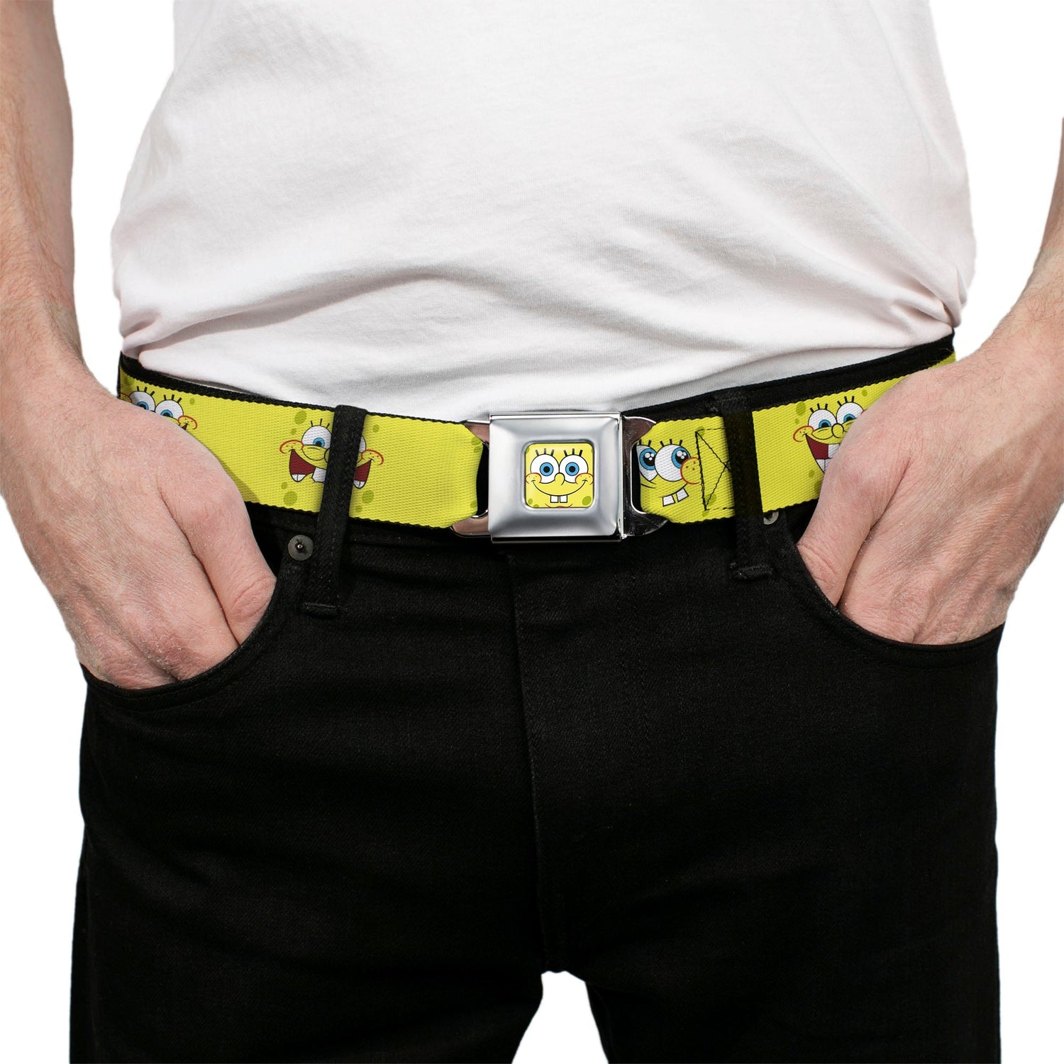 SpongeBob SquarePants Seatbelt Belt Face Close - Up Expressions Full Color Yellow - Paramount Shop