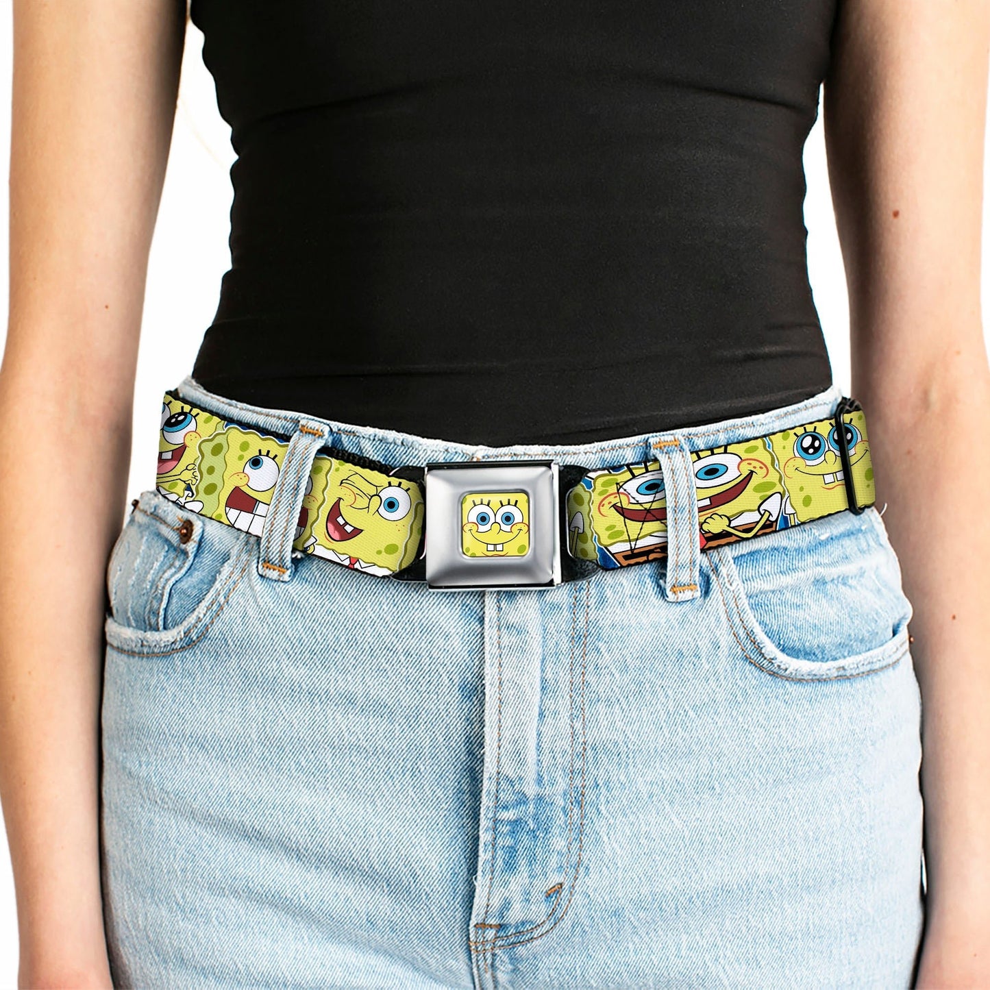 SpongeBob SquarePants Seatbelt Belt Face Close - Up Expressions Stripe Full Color Blue - Paramount Shop