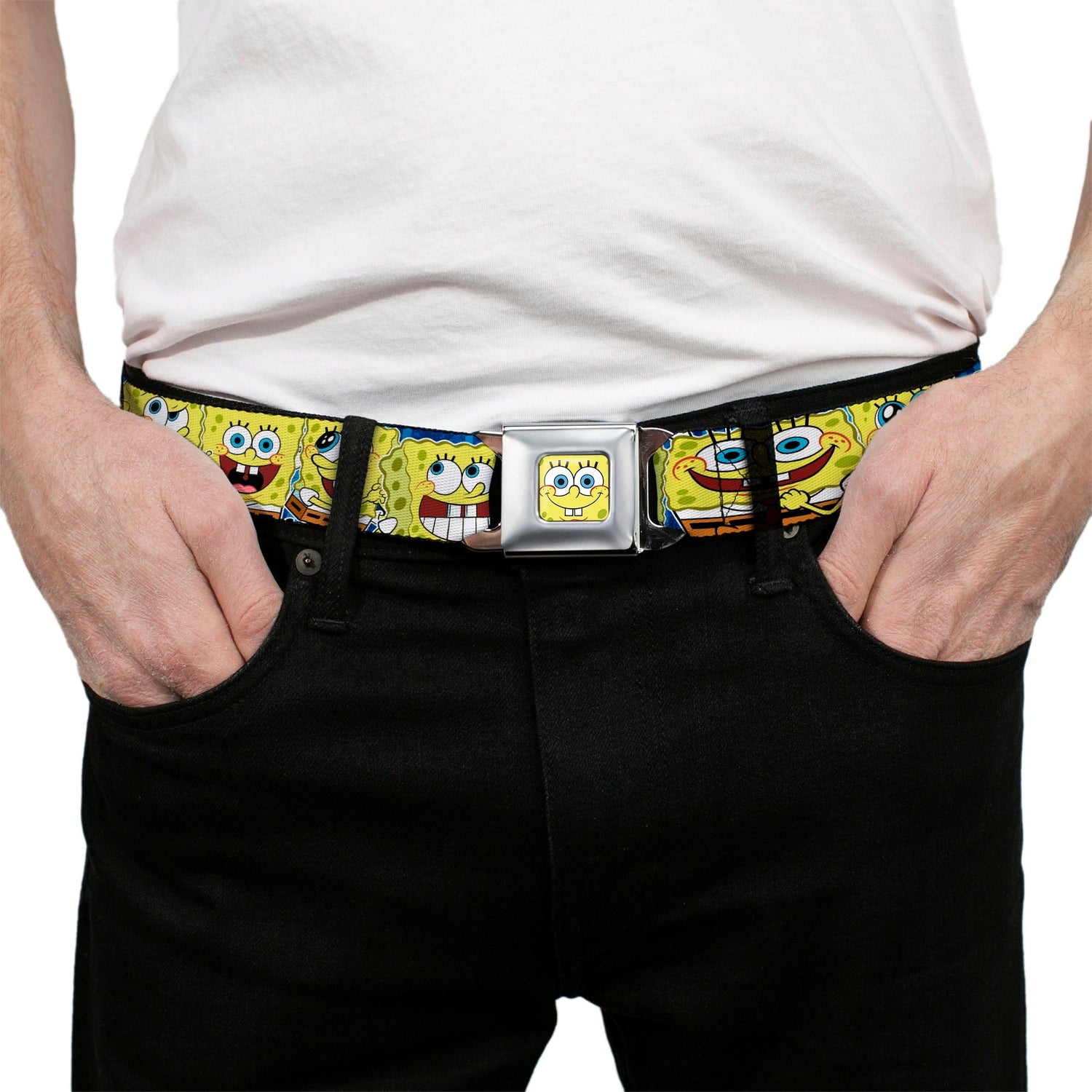 SpongeBob SquarePants Seatbelt Belt Face Close - Up Expressions Stripe Full Color Blue - Paramount Shop