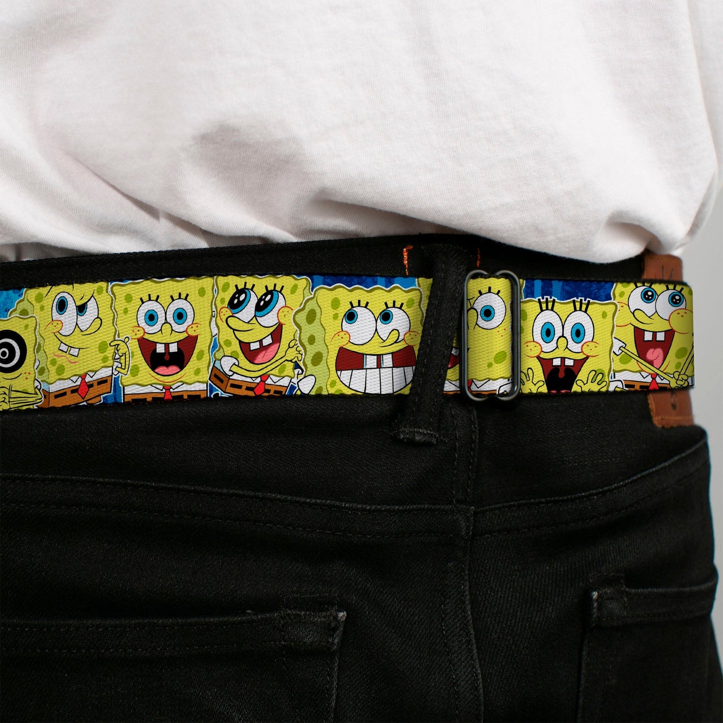 SpongeBob SquarePants Seatbelt Belt Face Close - Up Expressions Stripe Full Color Blue - Paramount Shop