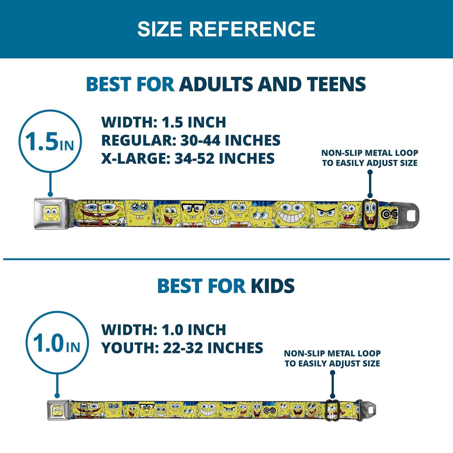 SpongeBob SquarePants Seatbelt Belt Face Close - Up Expressions Stripe Full Color Blue - Paramount Shop