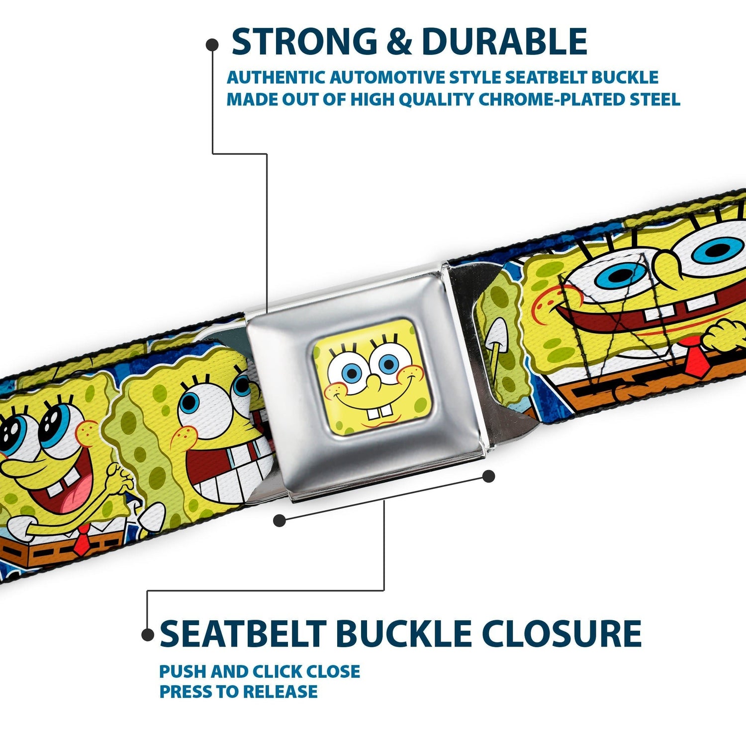 SpongeBob SquarePants Seatbelt Belt Face Close - Up Expressions Stripe Full Color Blue - Paramount Shop