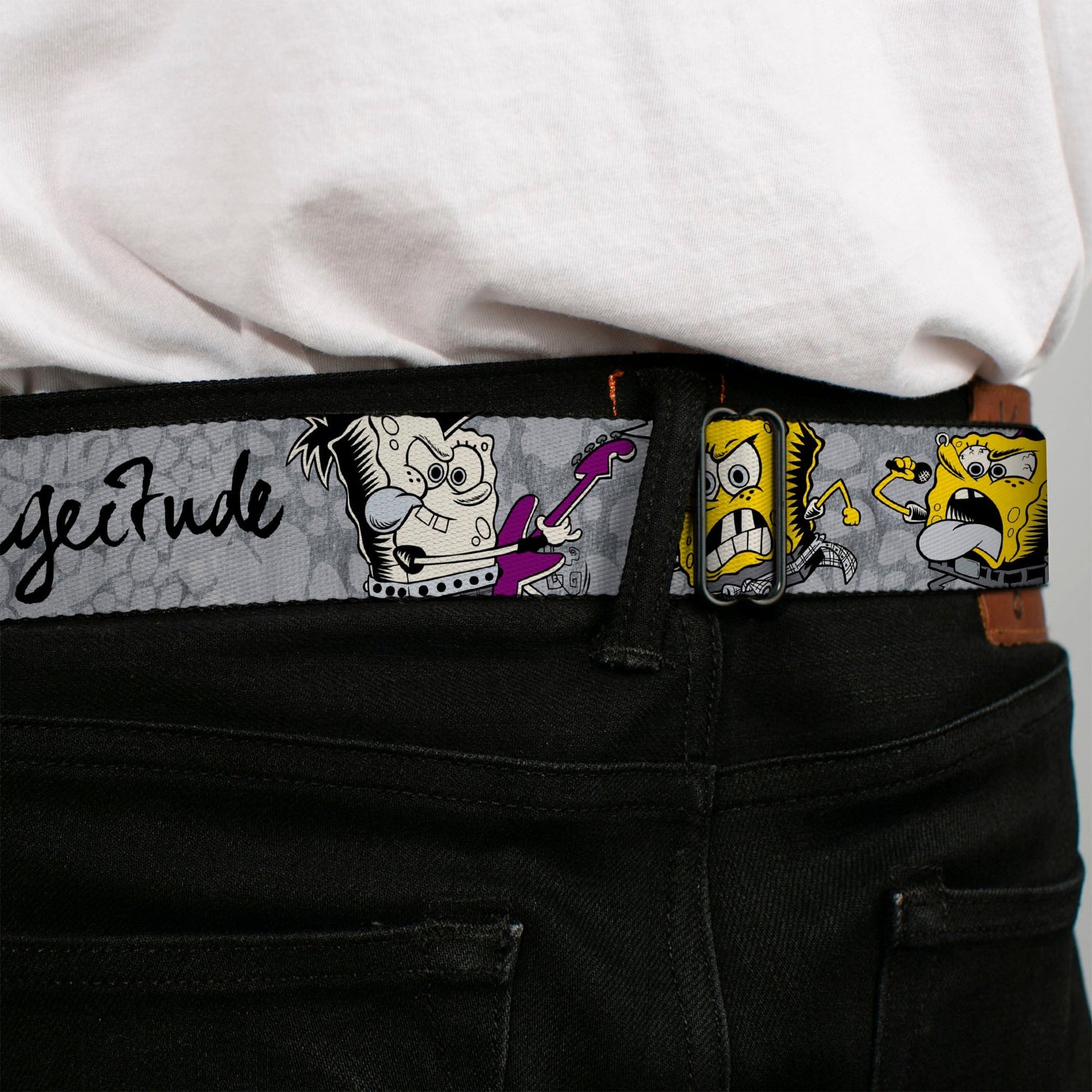 SpongeBob SquarePants Seatbelt Belt Face Close - Up Full Color Design Grays/Black - Paramount Shop