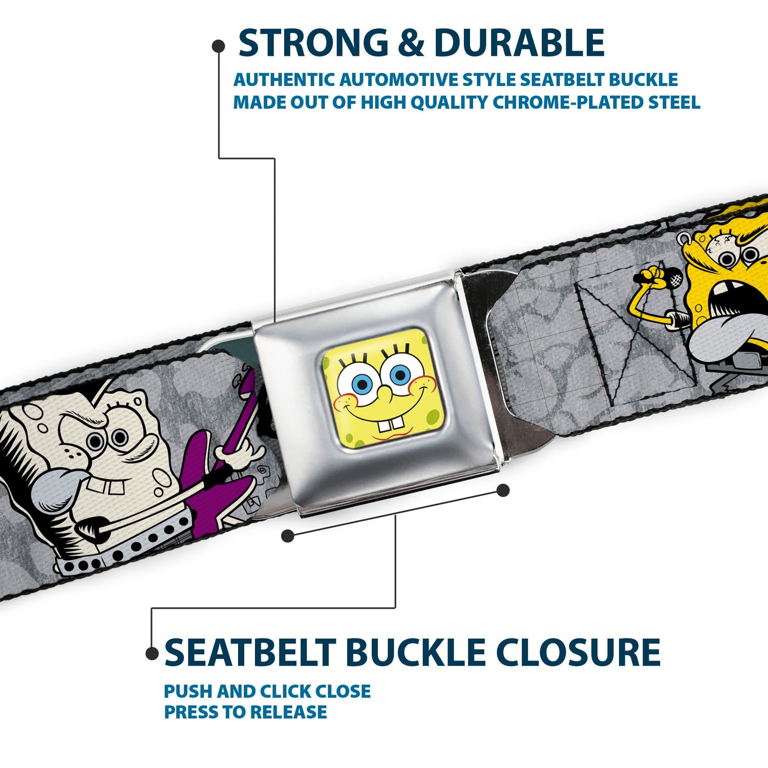 SpongeBob SquarePants Seatbelt Belt Face Close - Up Full Color Design Grays/Black - Paramount Shop
